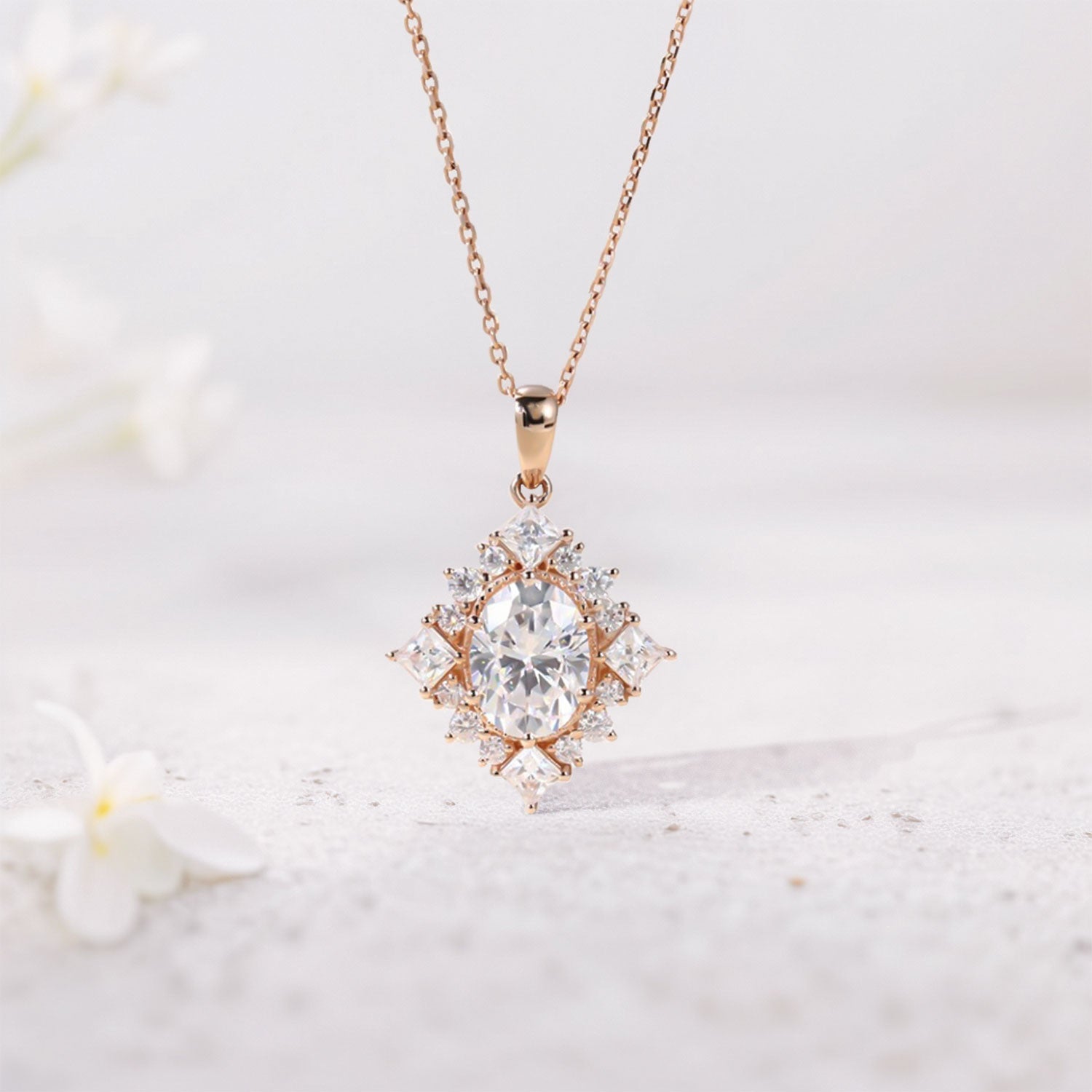Classic Magic Mirror Cluster Halo Oval Moissanite Necklace - Oore Jewelry