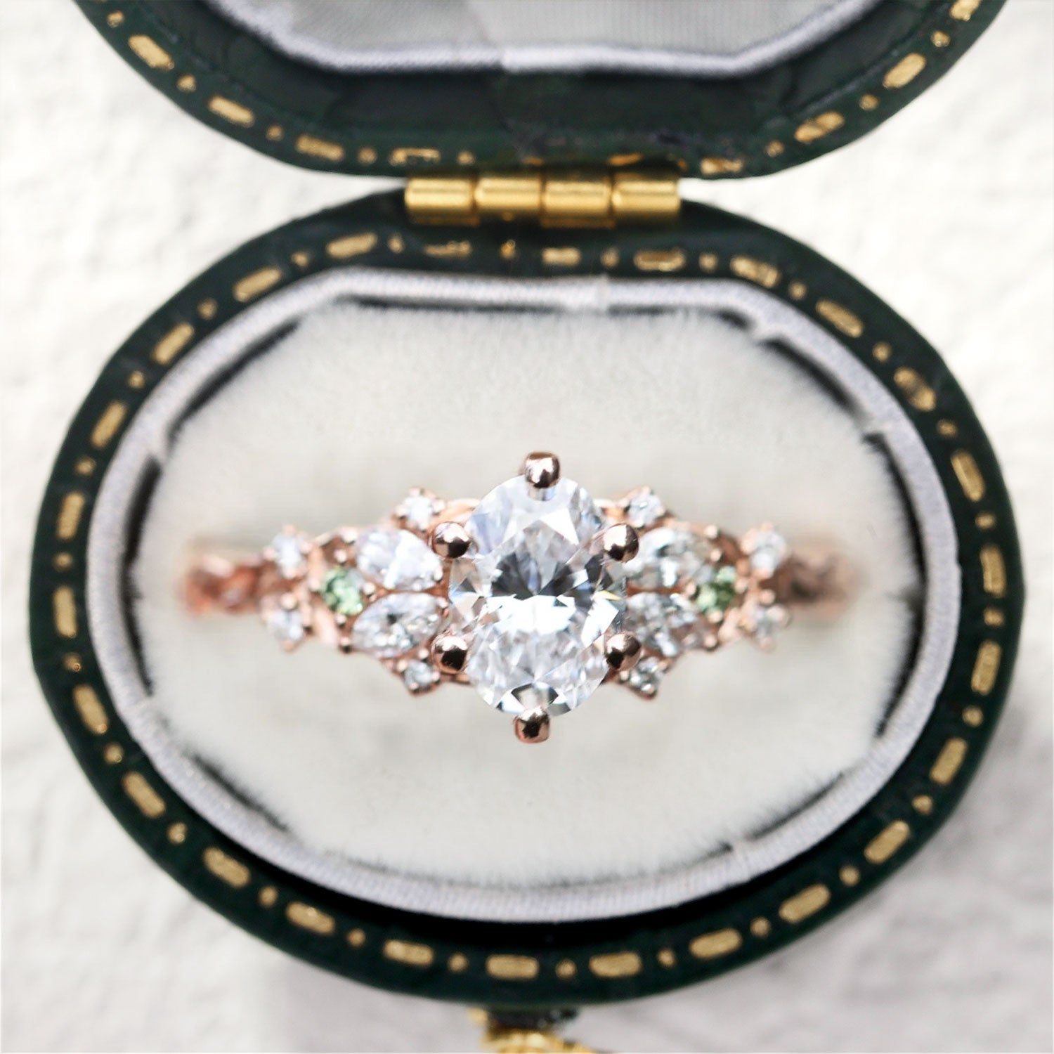 Enchanted Garden Oval Moissanite and Green Sapphire Engagement Ring - Oore Jewelry