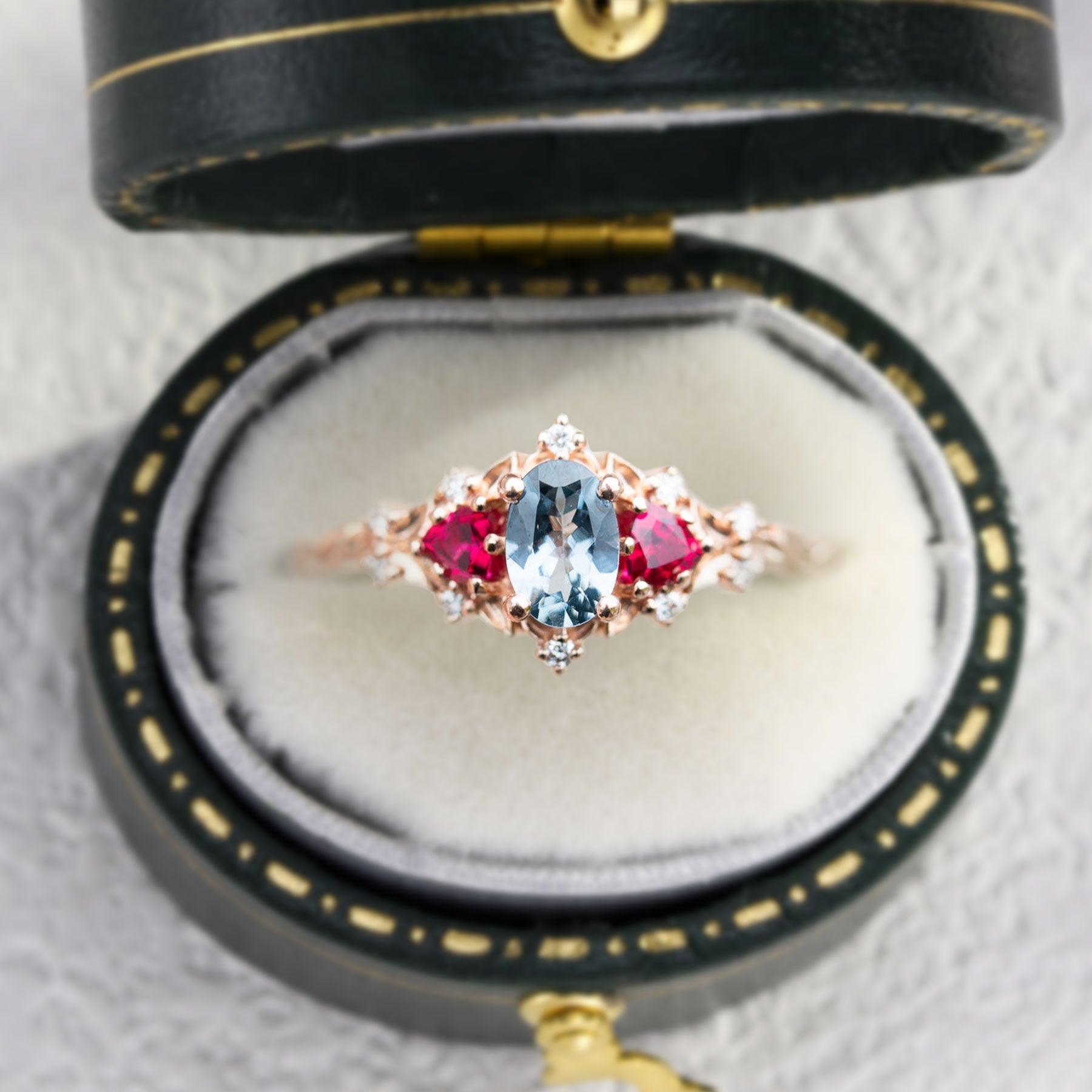 Unique Briar Rose Three Stone Oval Lab Grey Spinel and Ruby Ring - Oore Jewelry