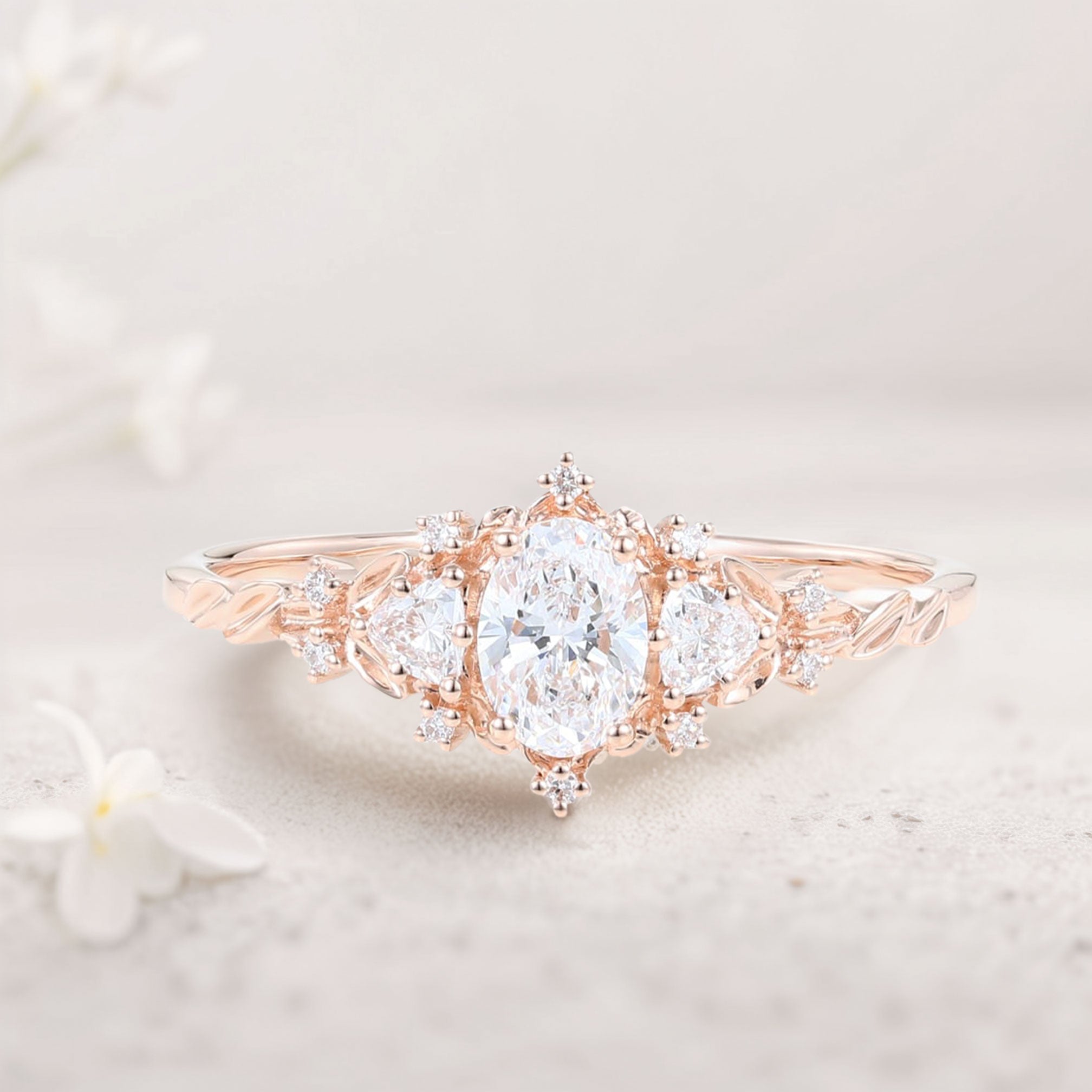 Classic Briar Rose Oval Moissanite Olive Leaves Engagement Ring Fairy Ring - Oore Jewelry