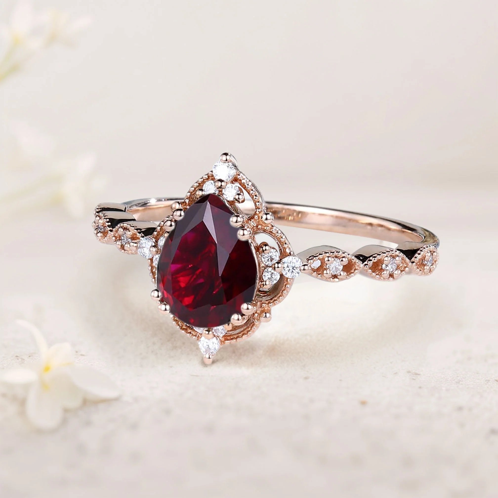 Vintage Pear Lab Ruby Engagement Ring Bridal Ring - Oore Jewelry