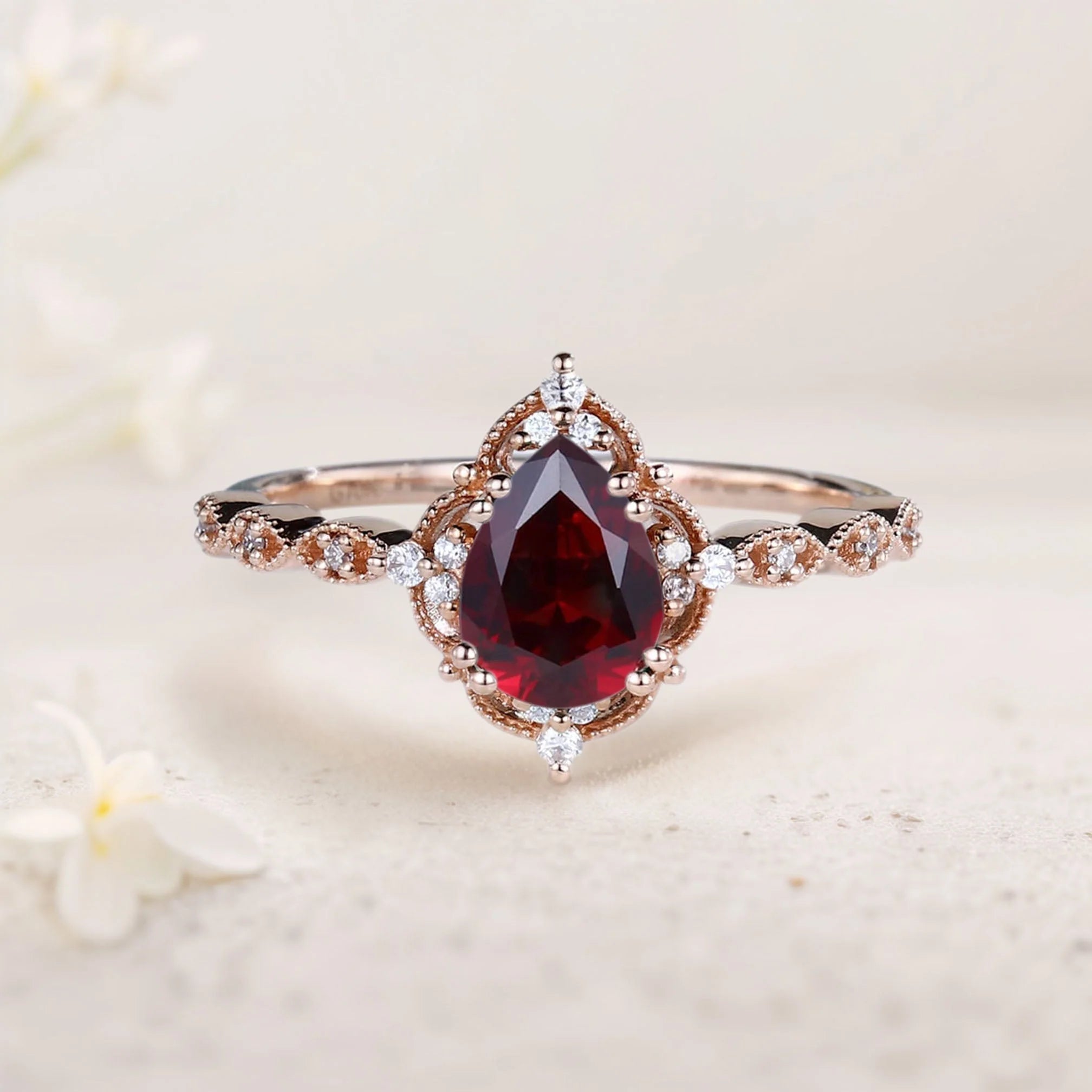Vintage Pear Lab Ruby Engagement Ring Bridal Ring - Oore Jewelry
