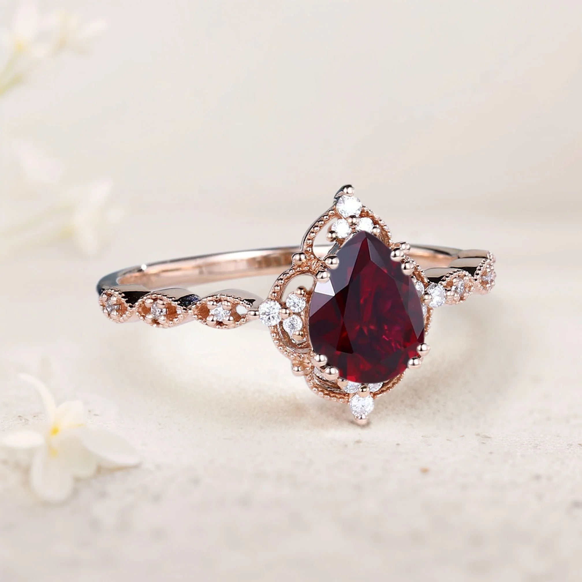 Vintage Pear Lab Ruby Engagement Ring Bridal Ring - Oore Jewelry