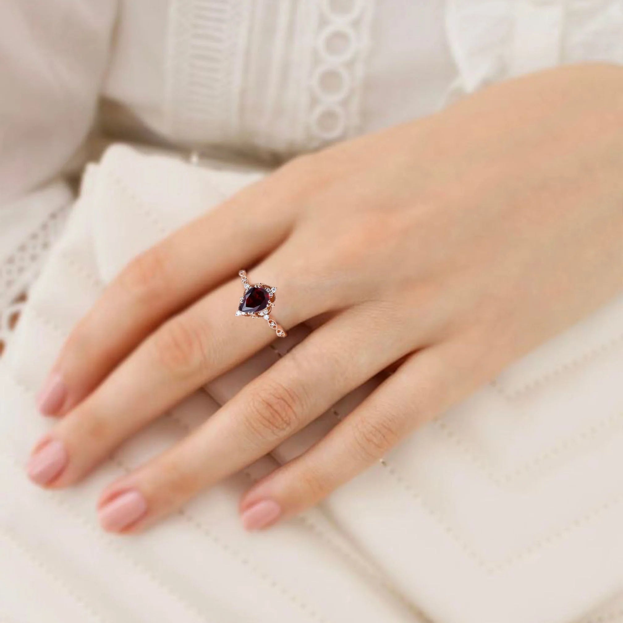 Vintage Pear Lab Ruby Engagement Ring Bridal Ring - Oore Jewelry