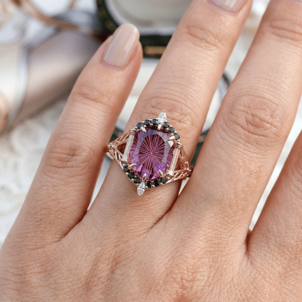 Vintage Unique Starlight Oval Purple Lab Sapphire Ring - Oore Jewelry