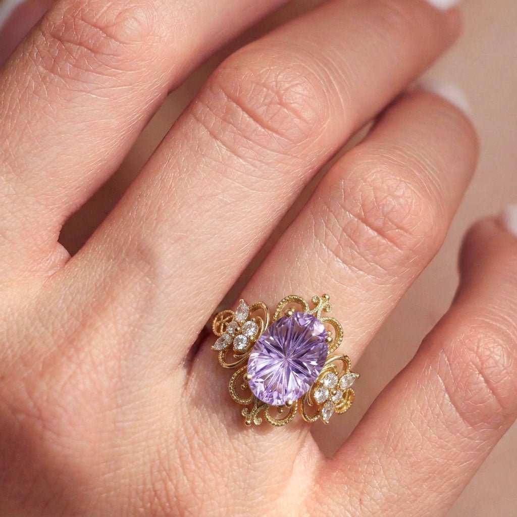 Vintage Twilight Vow Starlight Oval Purple Lab Sapphire Ring - Oore Jewelry
