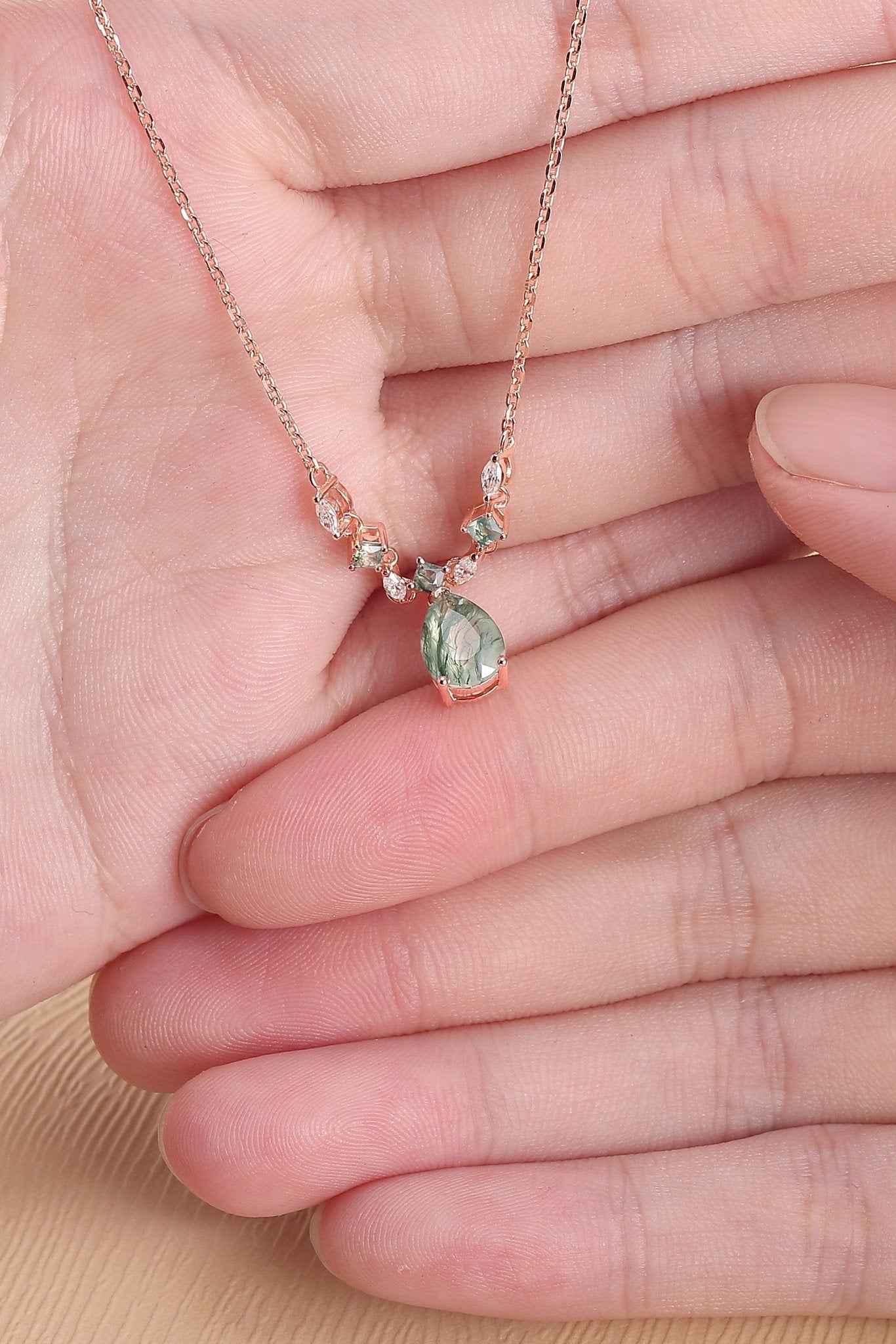 Unique Cluster Pear Cut Moss Agate and Moissanite Necklace - Oore Jewelry