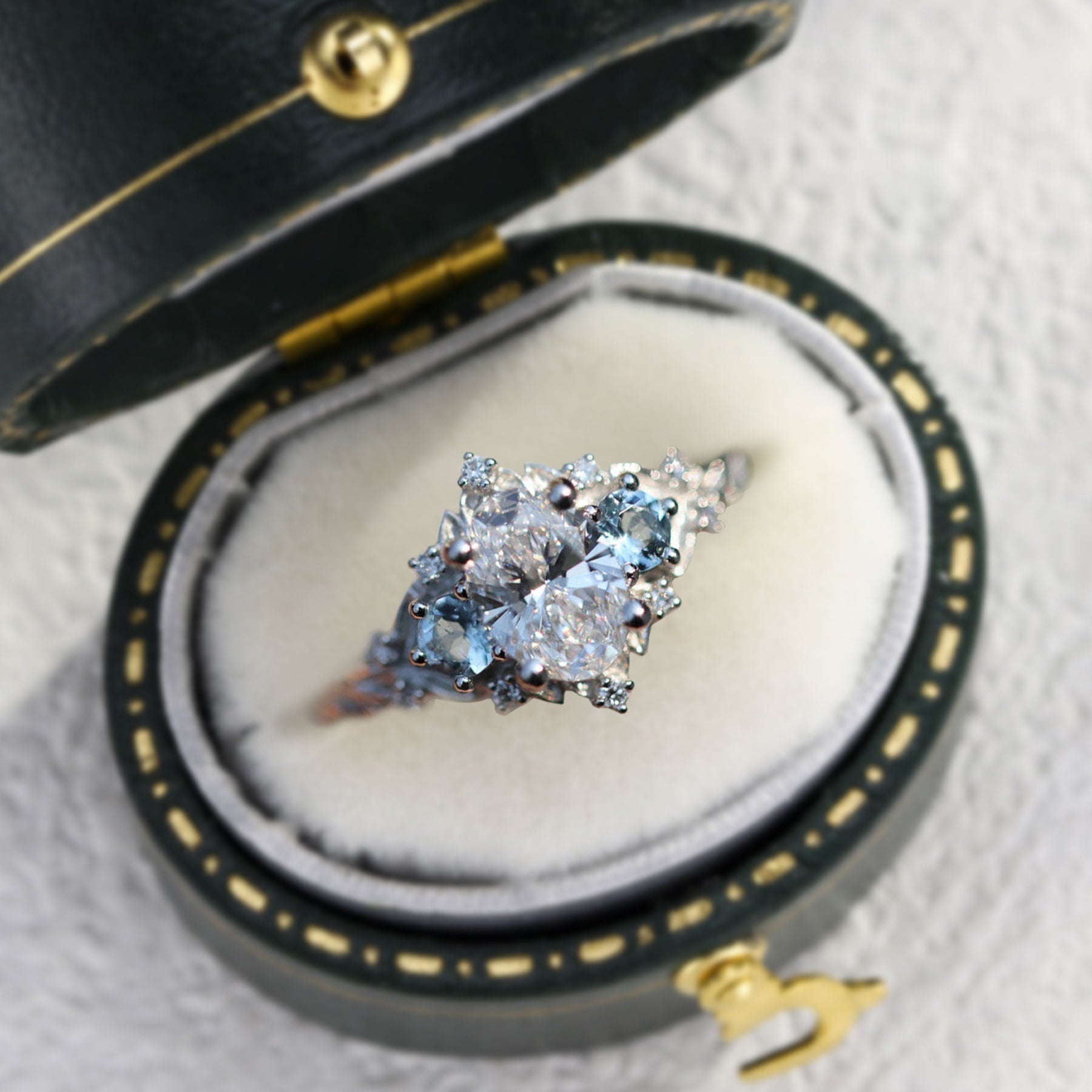 Unique Briar Rose Three Stone Oval Lab Grown Diamond and Aquamarine Ring - Oore Jewelry