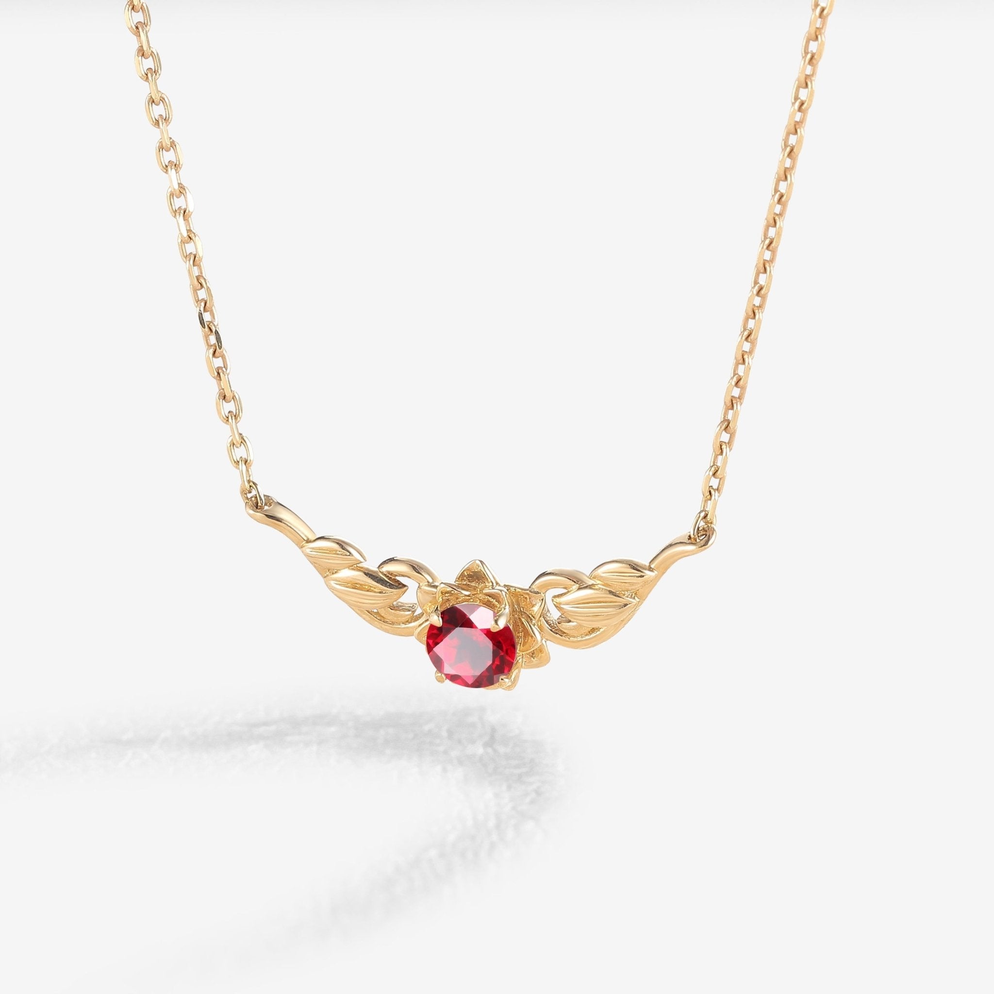 Unique Round Cut Lab Ruby Flora Necklace - Oore Jewelry