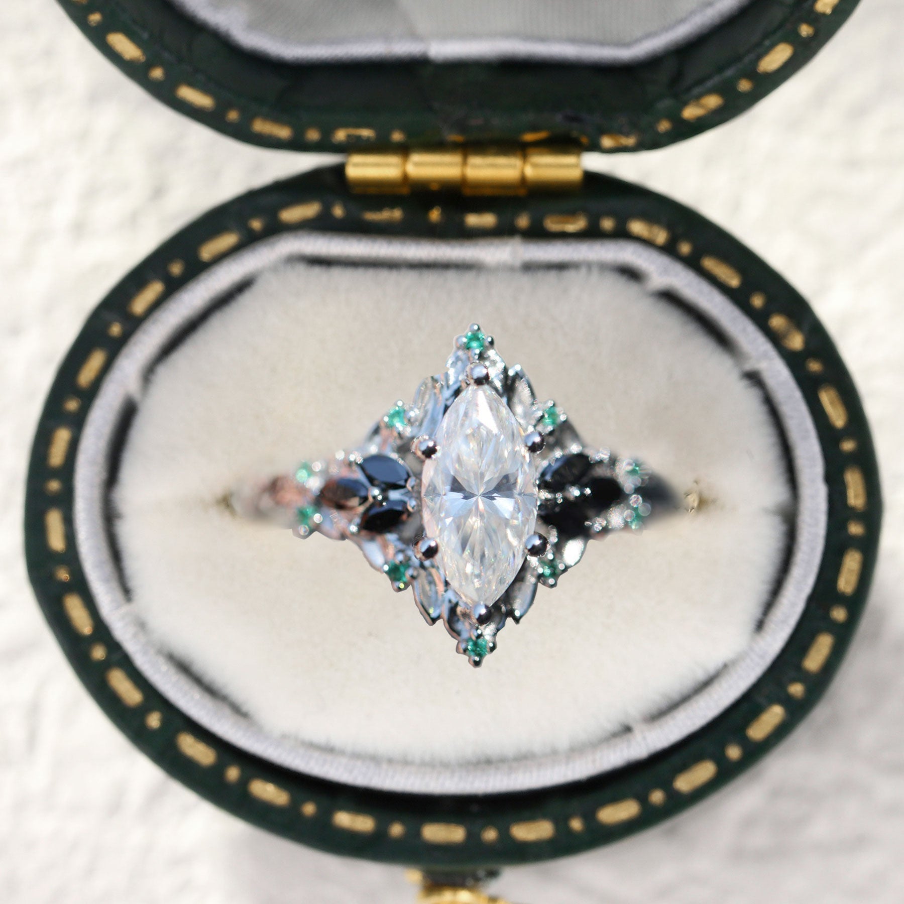 Unique floral engagement rings Briar Rose Starlight Marquise Moissanite Ring - Oore Jewelry