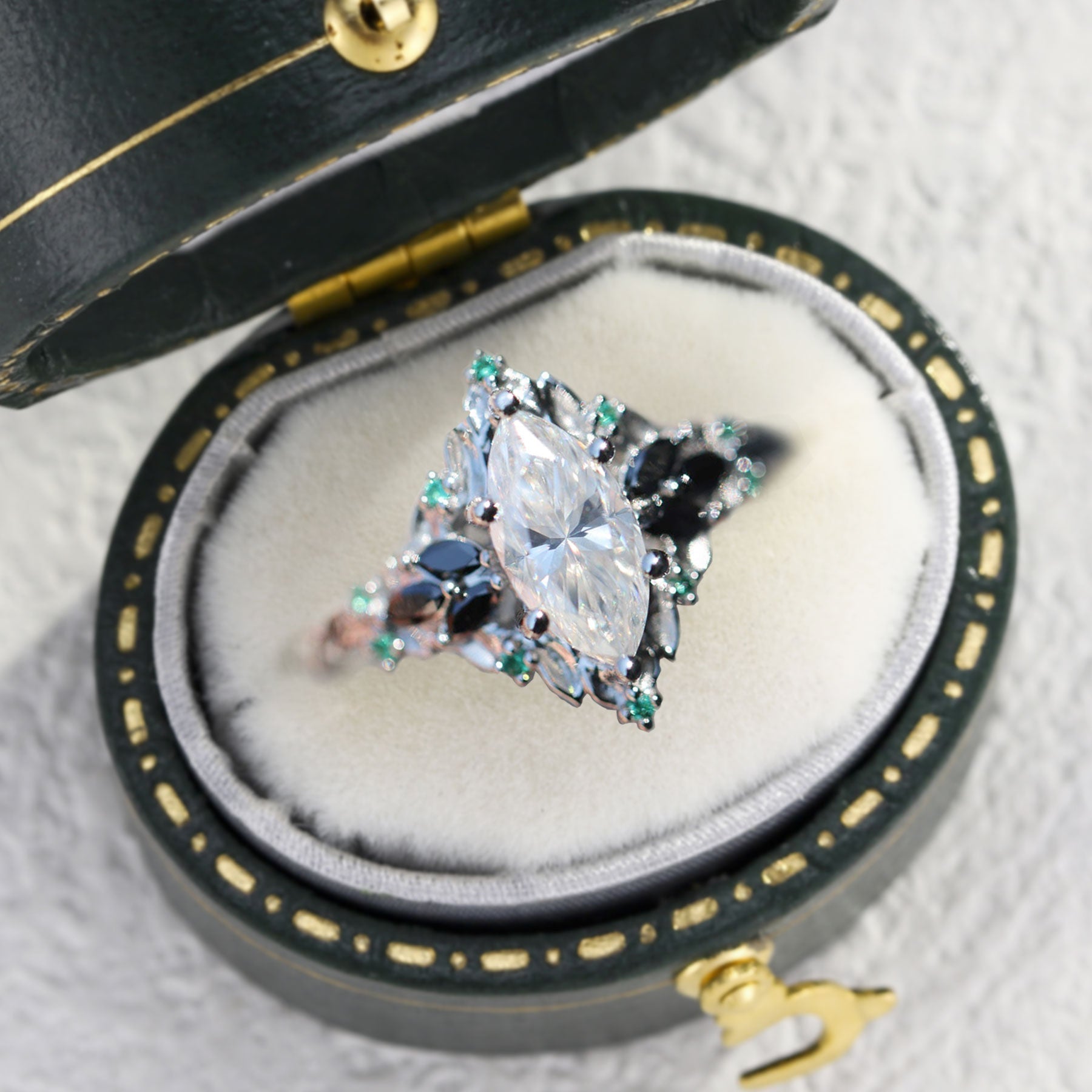 Unique floral engagement rings Briar Rose Starlight Marquise Moissanite Ring - Oore Jewelry