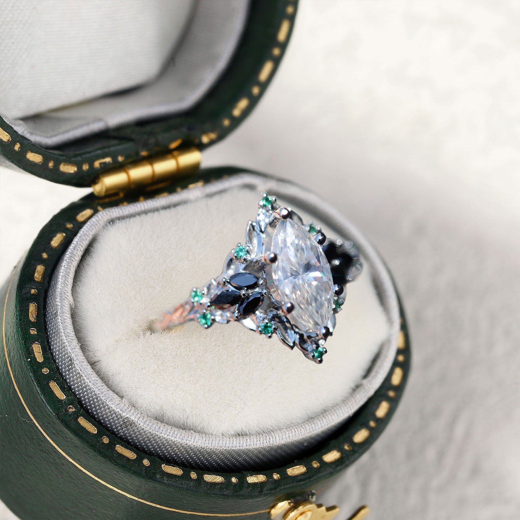 Unique floral engagement rings Briar Rose Starlight Marquise Moissanite Ring - Oore Jewelry