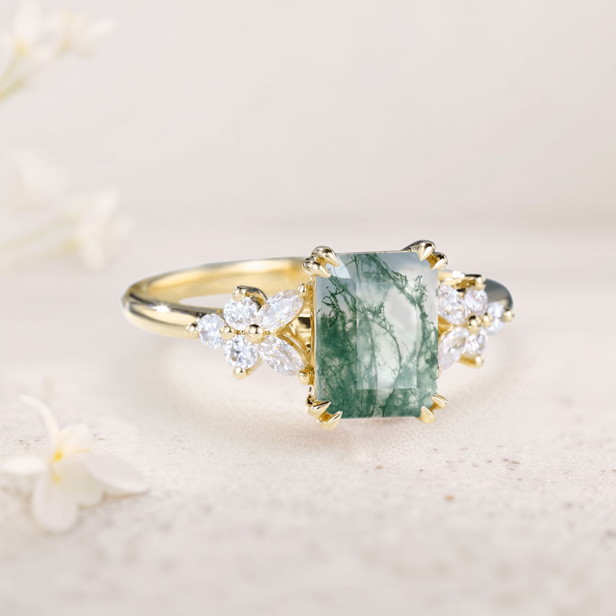 Vintage Emerald Cut Moss Agate Engagement Ring - Oore Jewelry