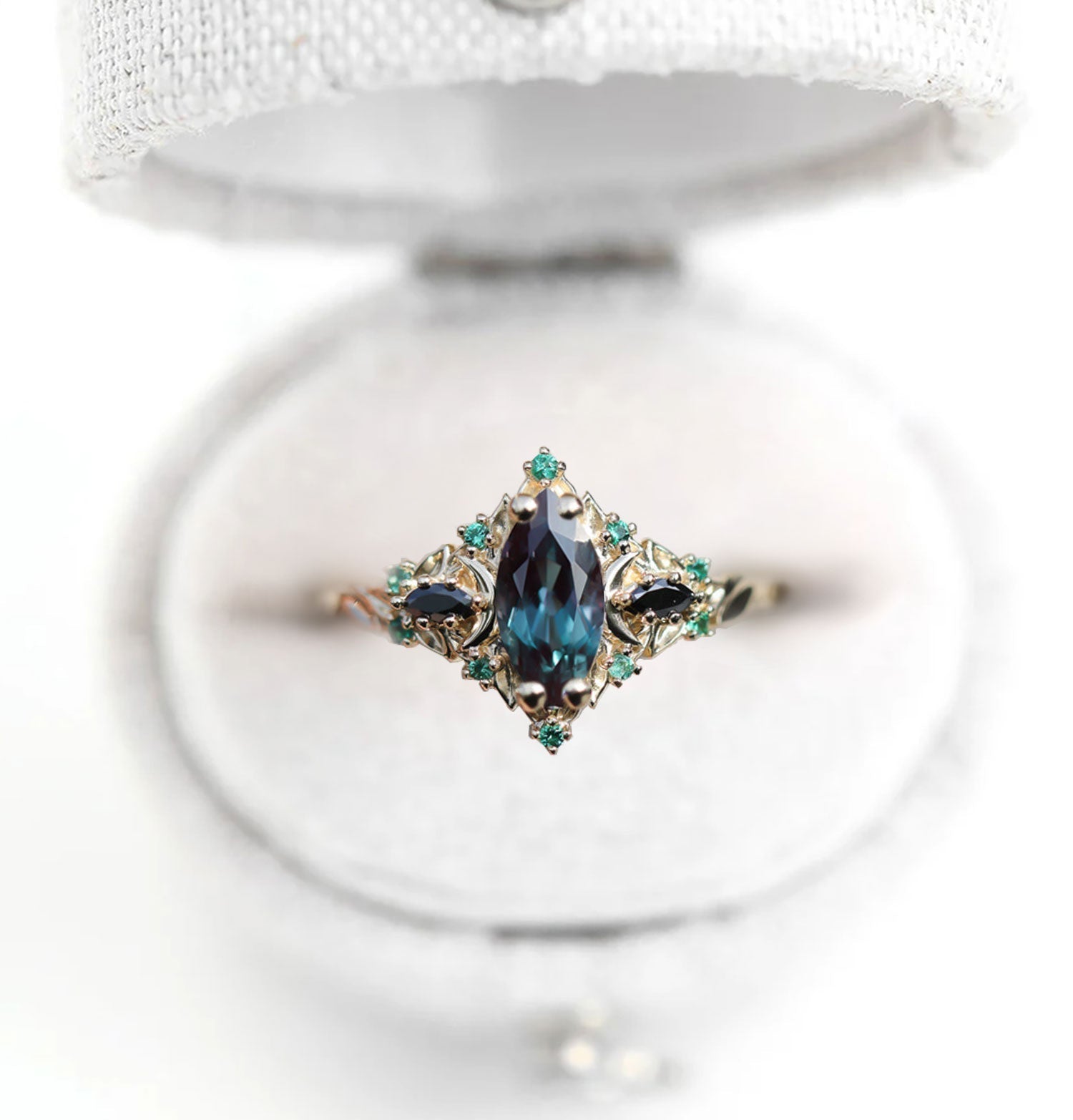 Unique Briar Moon Three Stone Marquise Lab Alexandrite and Lab Emerald Ring - Oore Jewelry