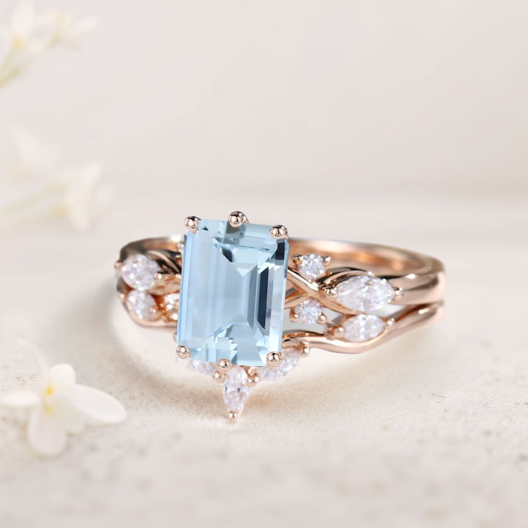 Unique Emerald Shaped Lab Aquamarine Wedding Ring Set Bridal Ring Set - Oore Jewelry