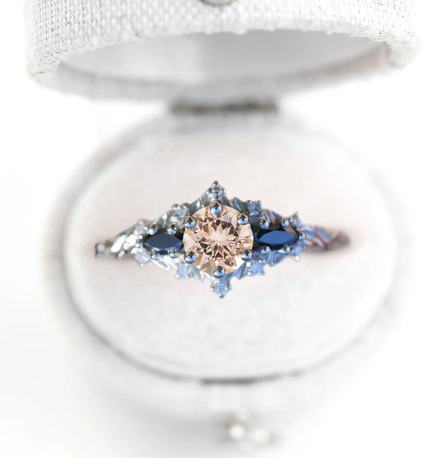 Unique Briar Rose Round Lab Morganite and Black Moissanite Ring - Oore Jewelry