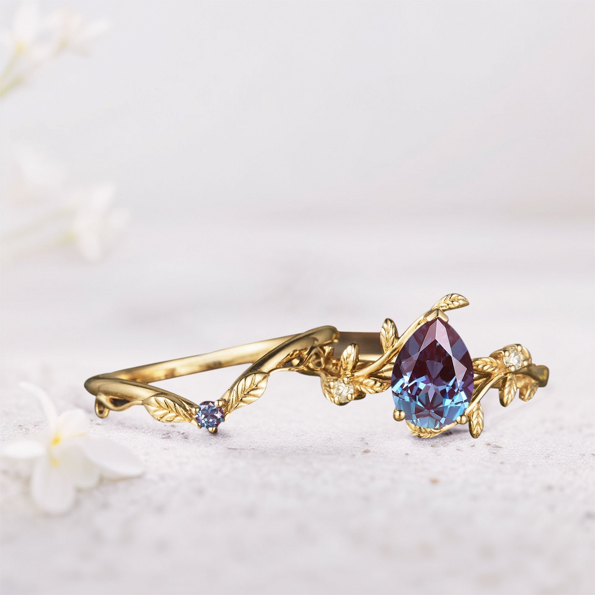Unique Pear Lab Alexandrite Wedding Ring Set with Leaf Band - Oore Jewelry