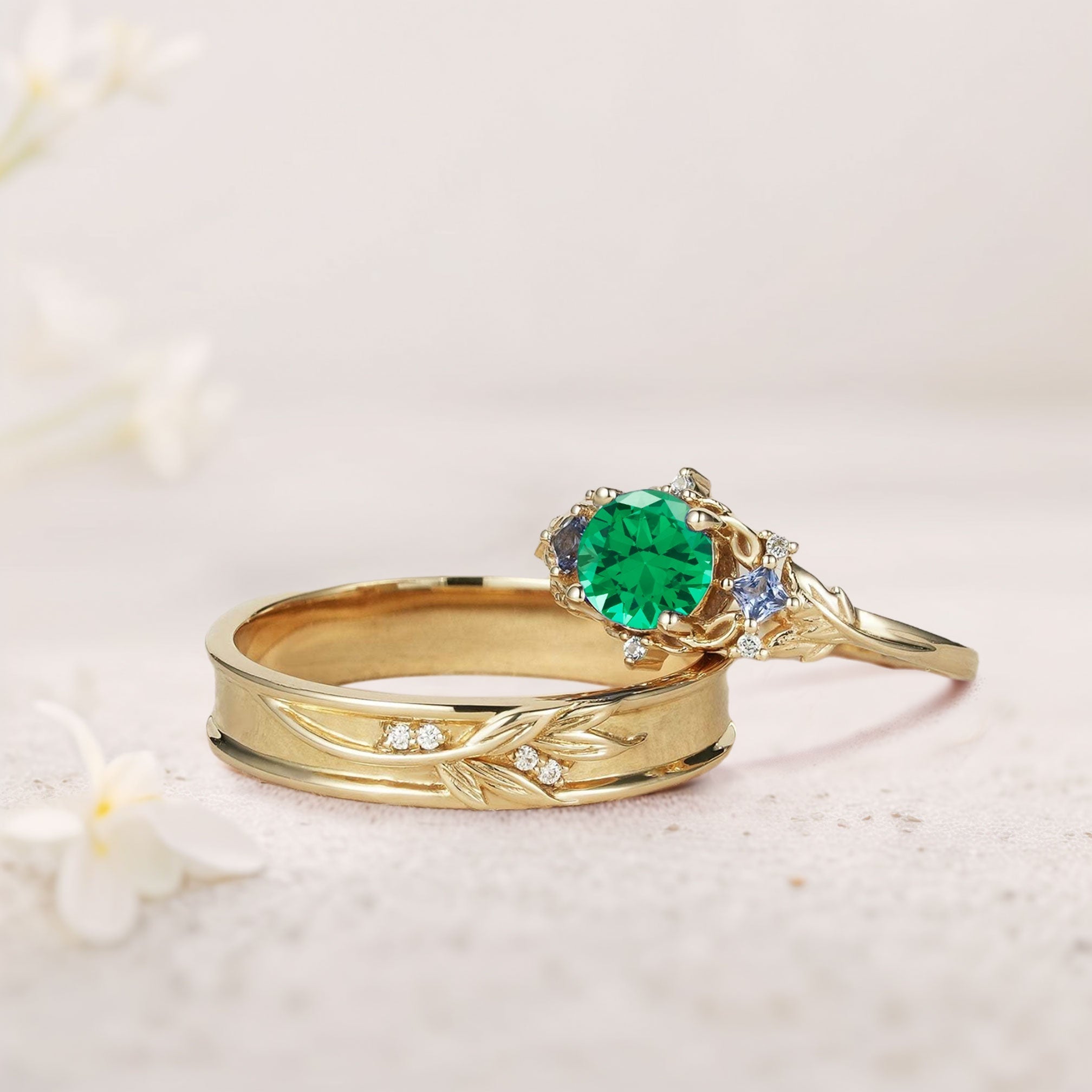 Unique Round Lab Emerald Promise Ring Engagement Ring Set for Couples - Oore Jewelry