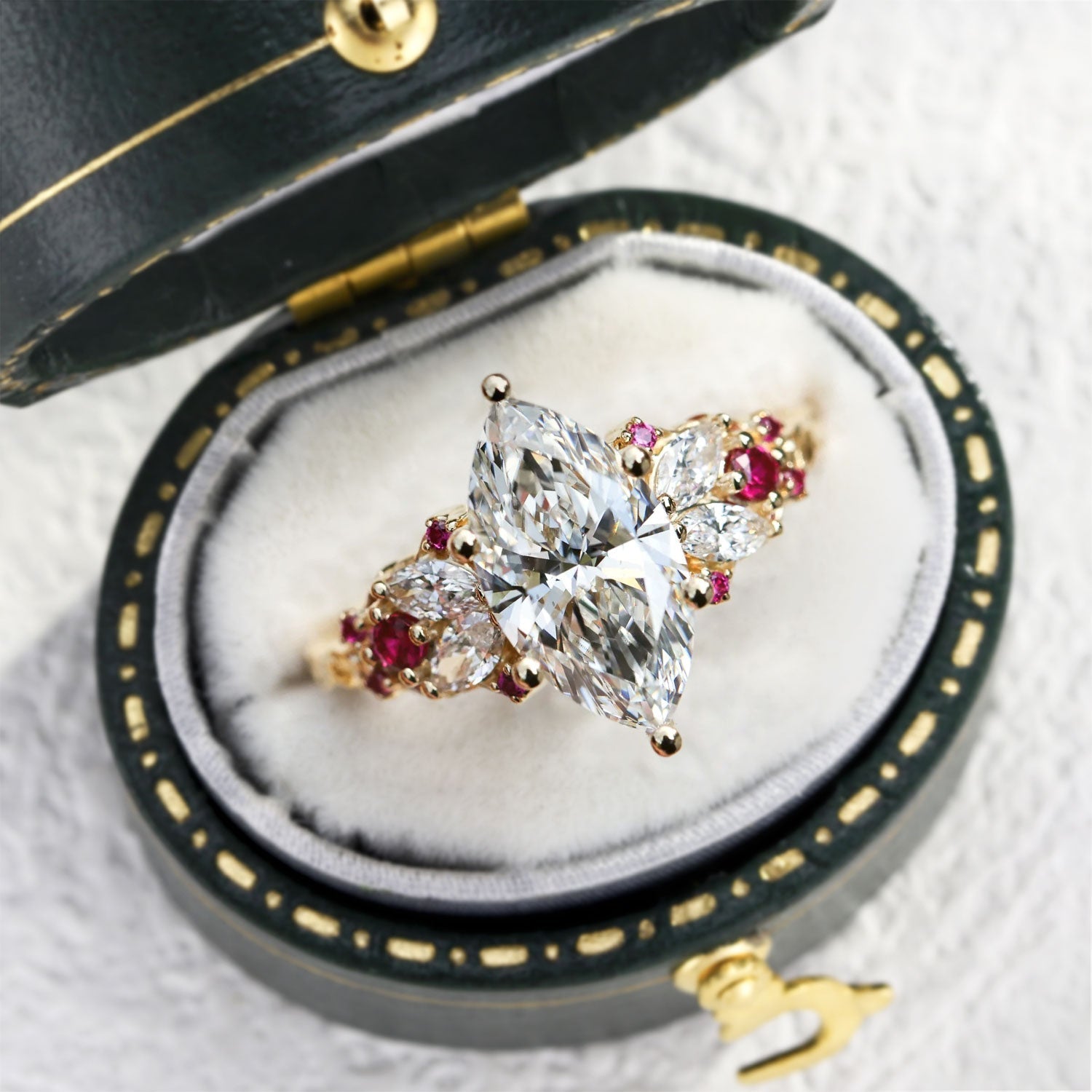 Unique Enchanted Garden Marquise Moissanite and Lab Ruby Engagement Ring - Oore Jewelry