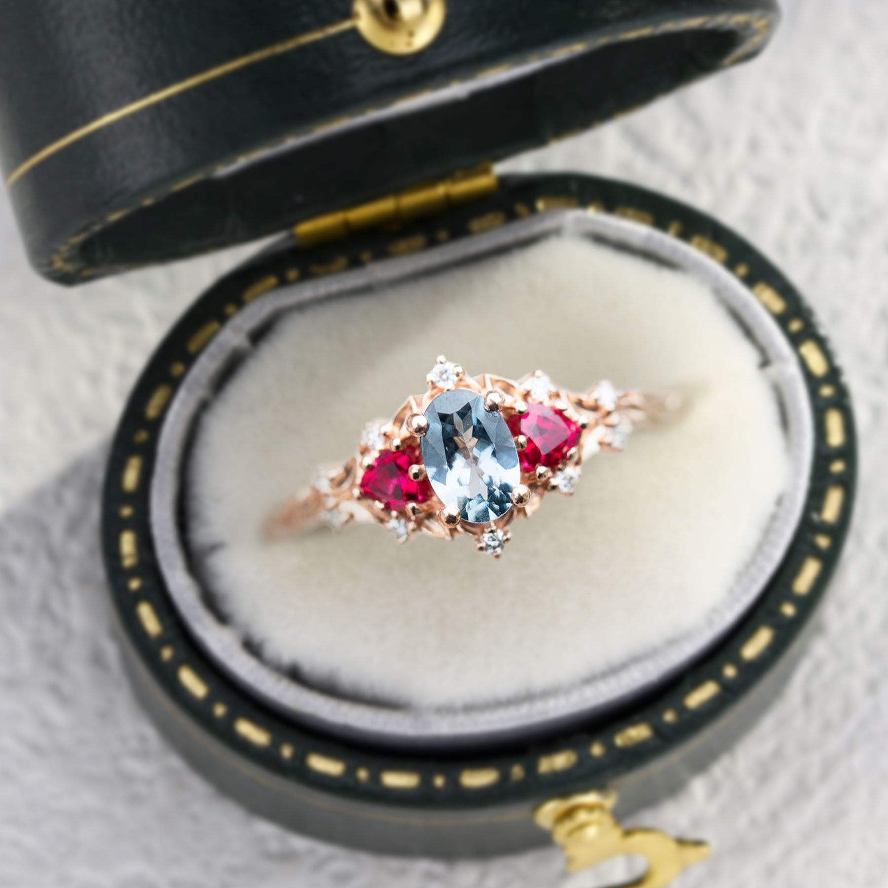 Unique Briar Rose Three Stone Oval Lab Grey Spinel and Ruby Ring - Oore Jewelry