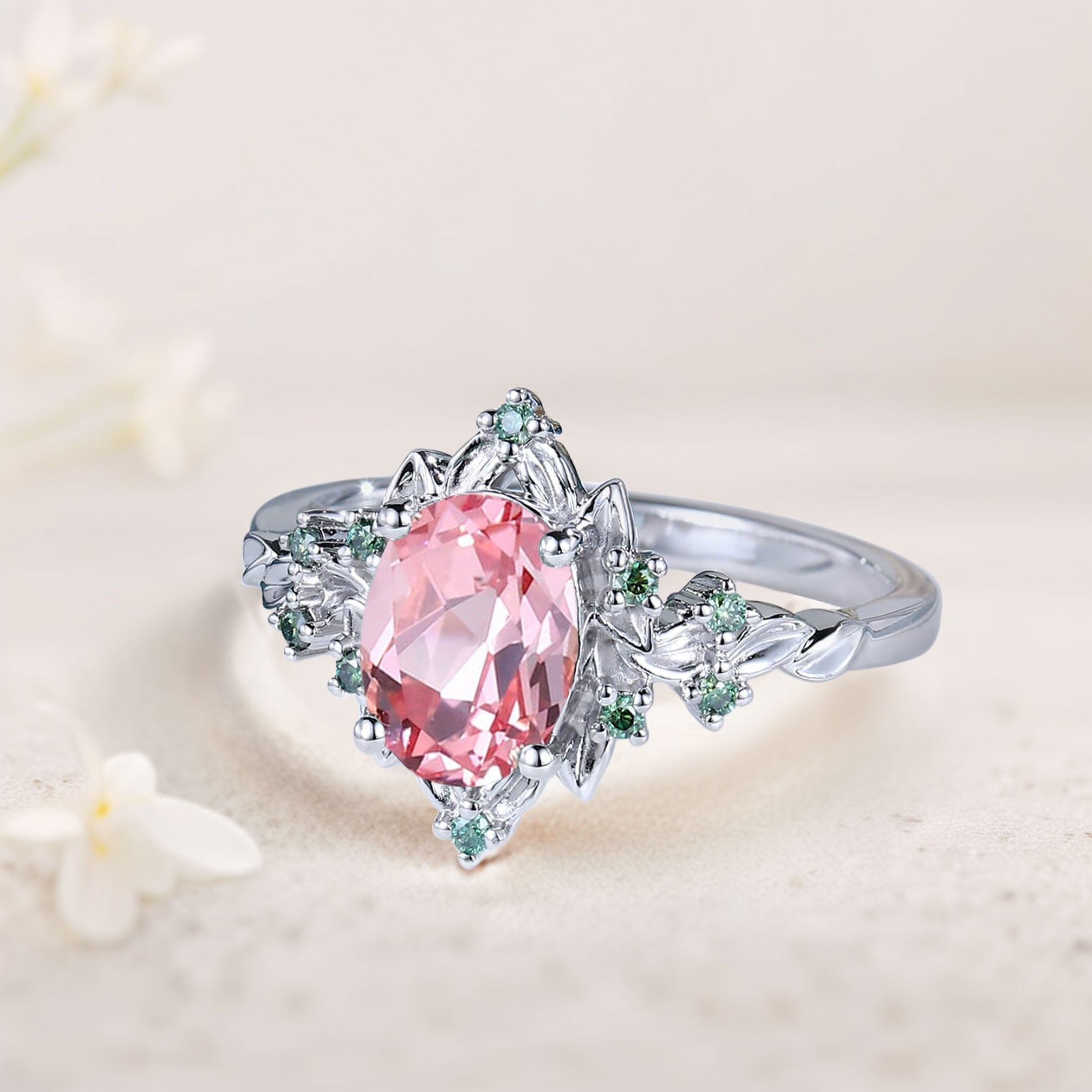 Vintage Briar Rose Oval Pink Lab Padparadscha Engagement Ring Olive Leaves Ring - Oore Jewelry