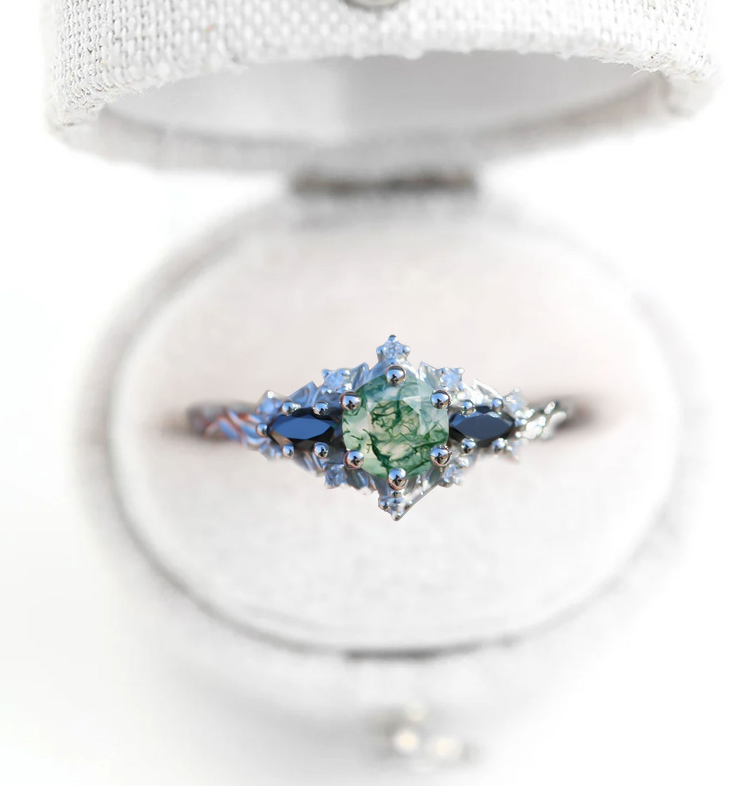 Unique Briar Rose Round Moss Agate and Black Moissanite Ring - Oore Jewelry