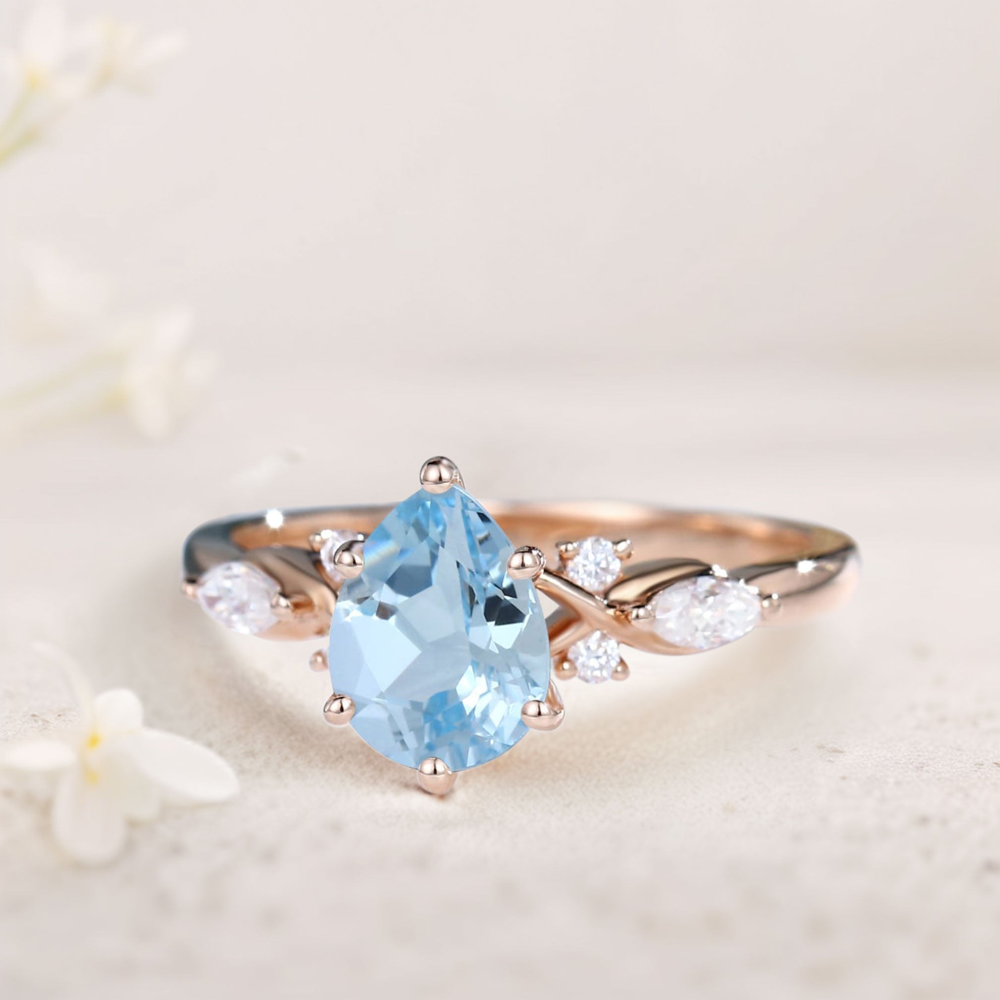 Vintage Pear Lab Aquamarine and Moissanite Split Shank Engagement Ring - Oore Jewelry