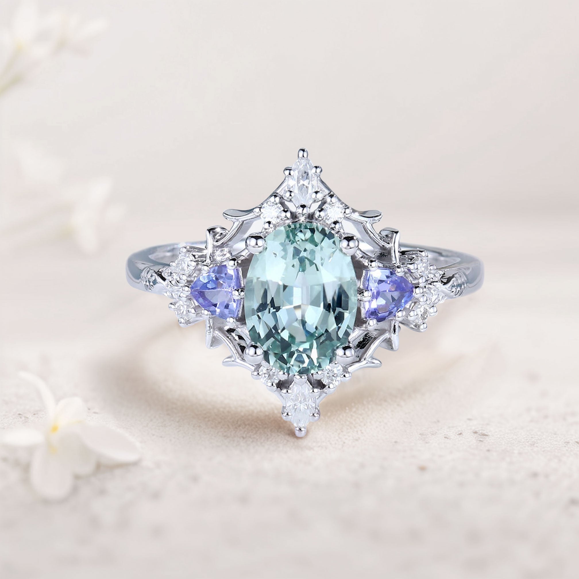 Vintage Briar Rose Oval Green Lab Sapphire Filigree Engagement Ring - Oore Jewelry