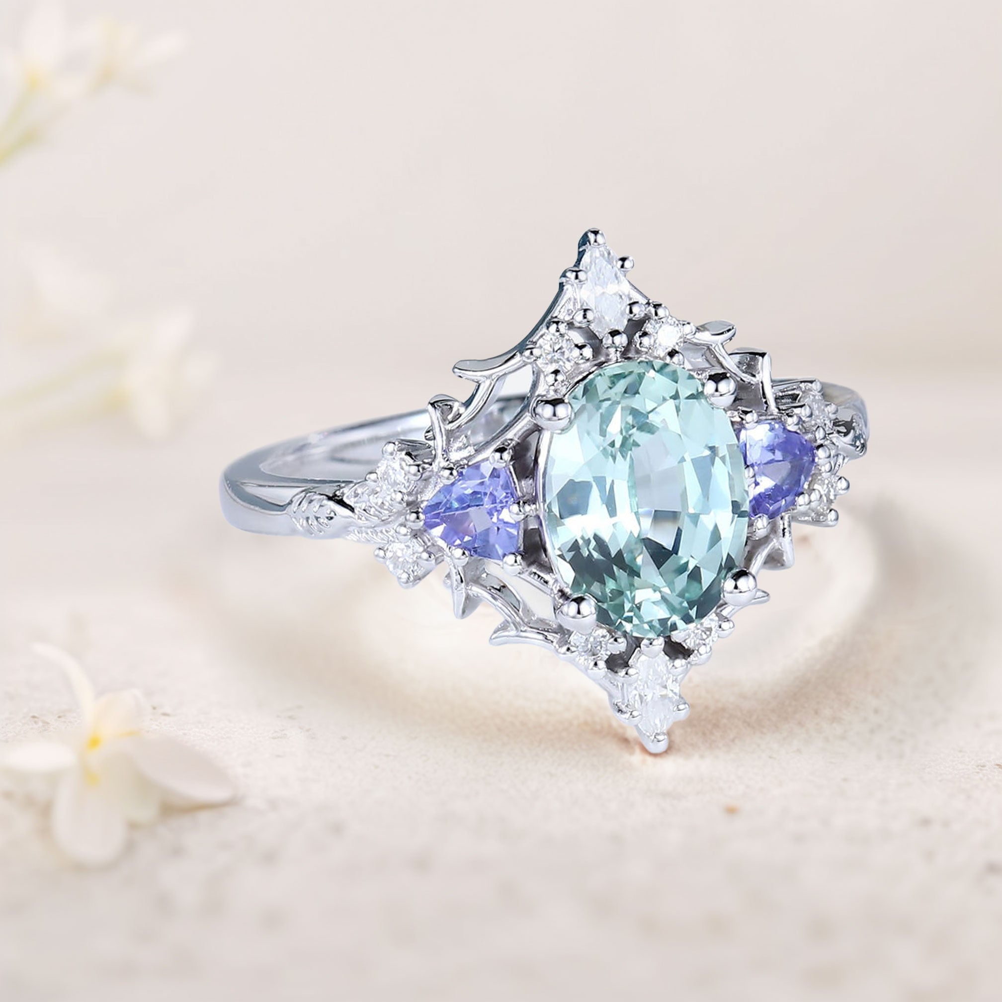 Vintage Briar Rose Oval Green Lab Sapphire Filigree Engagement Ring - Oore Jewelry