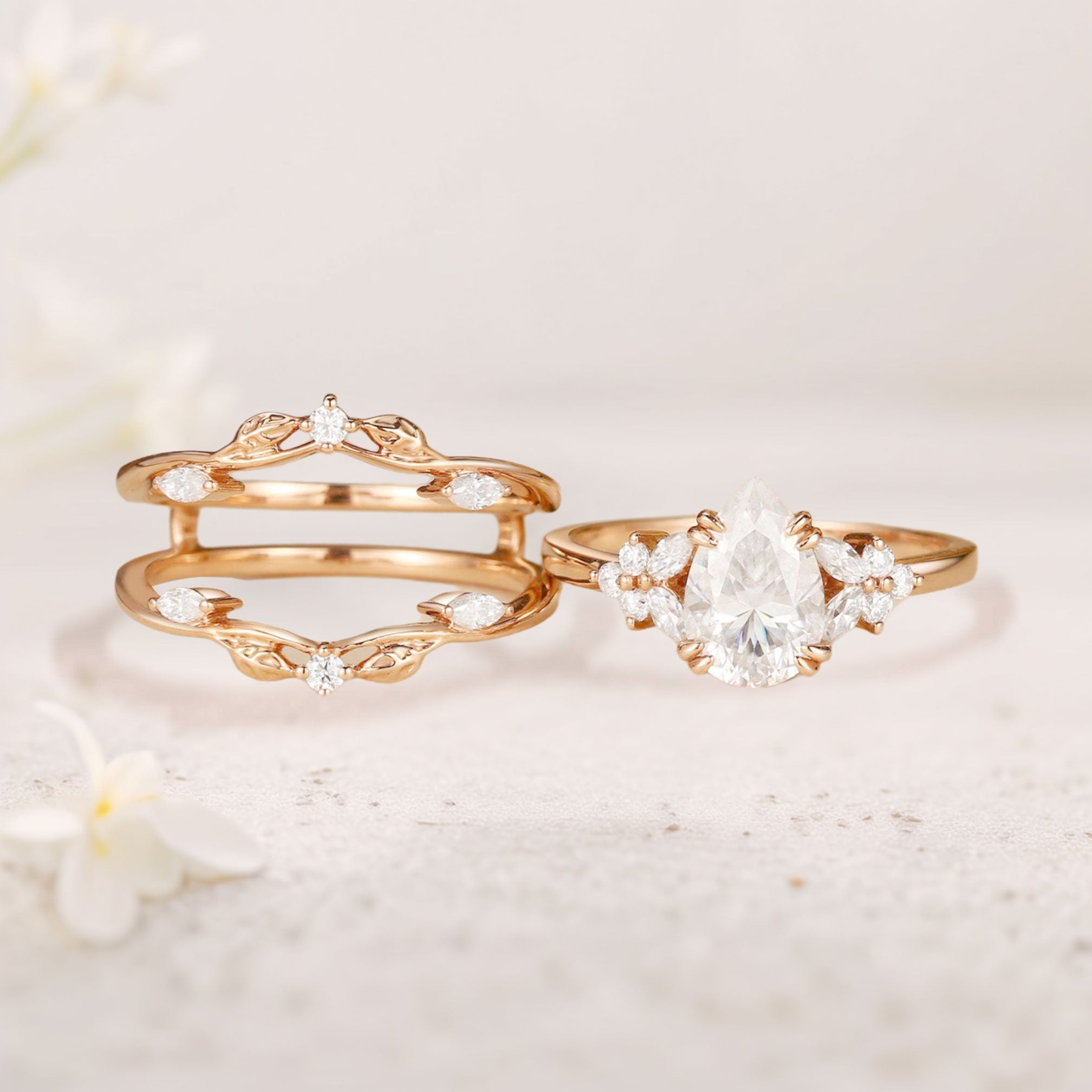 Vintage floral engagement rings Pear Moissanite Fairy Ring Set - Oore Jewelry