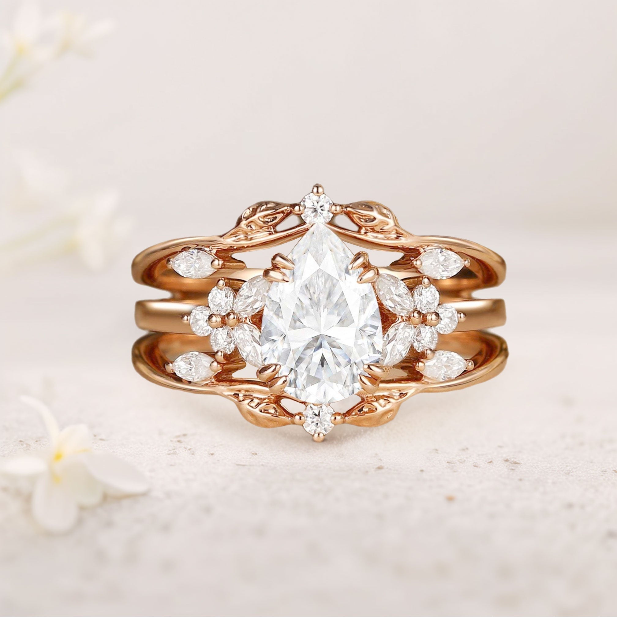 Vintage floral engagement rings Pear Moissanite Fairy Ring Set - Oore Jewelry