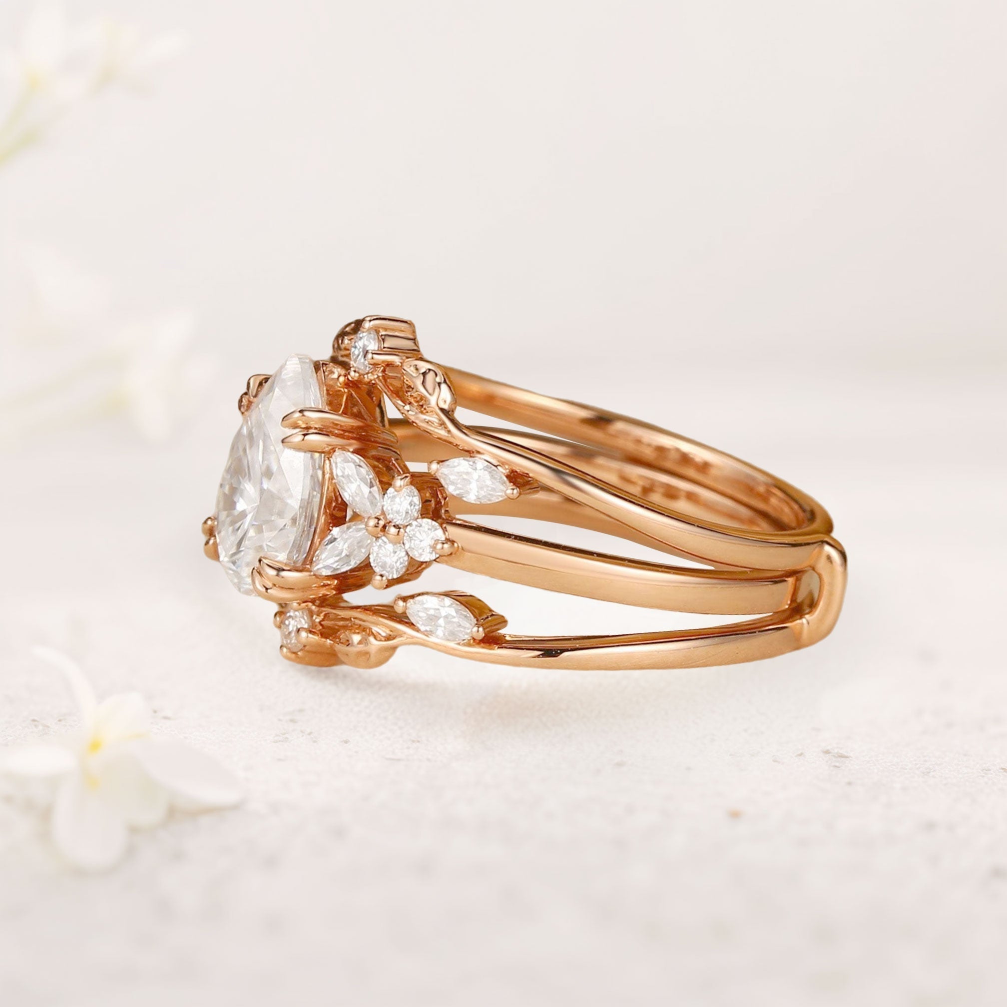 Vintage floral engagement rings Pear Moissanite Fairy Ring Set - Oore Jewelry