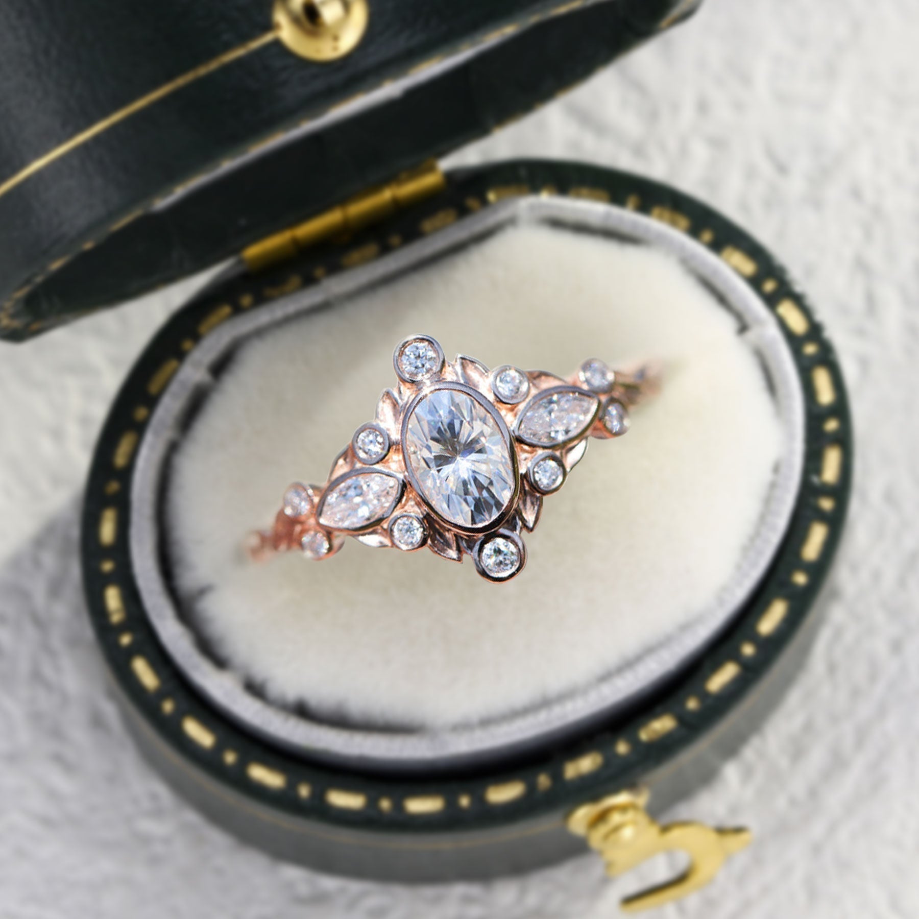 Unique Briar Bezel Three Stone Oval Moissanite Ring - Oore Jewelry