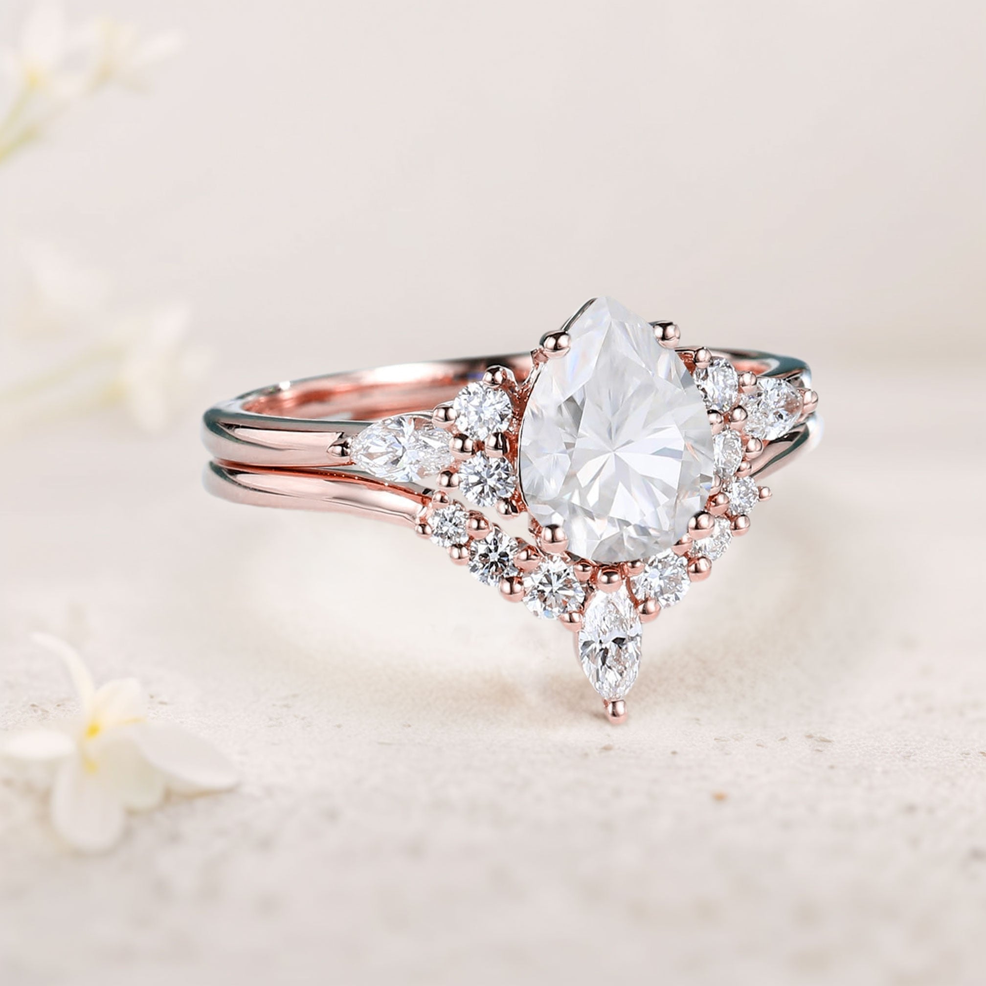 Unique Pear Forever One Moissanite Bridal Ring Set Cluster Engagement Ring - Oore Jewelry