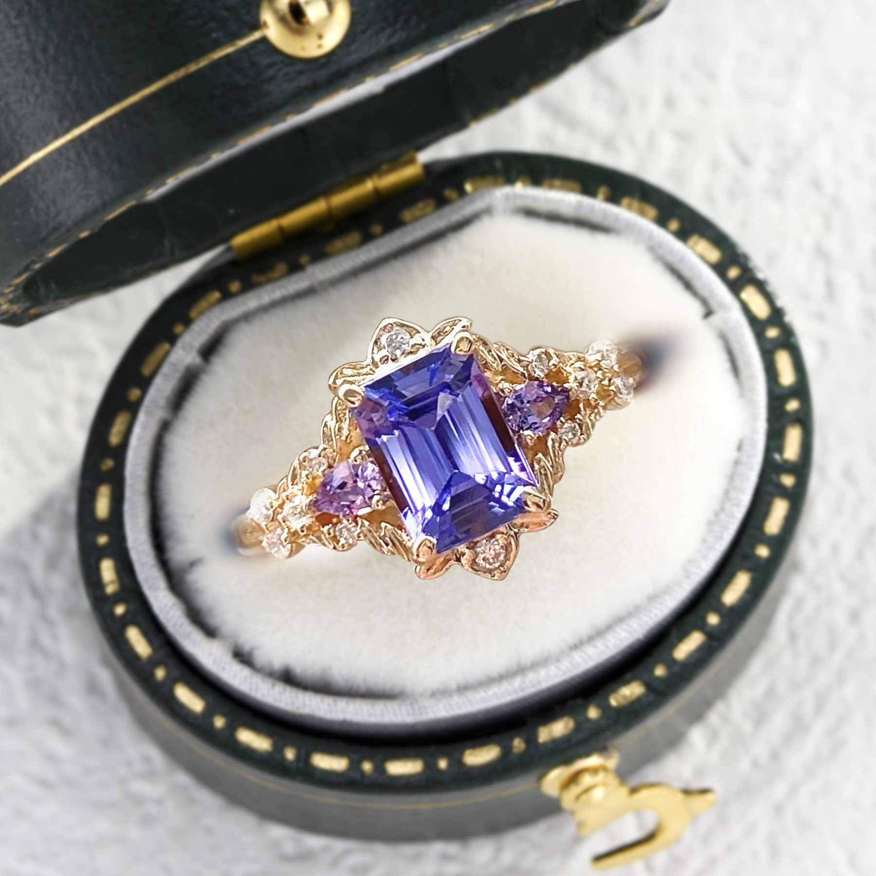 Vintage Emerald Cut Lab Tanzanite Engagement Ring Flower Wedding Ring - Oore Jewelry