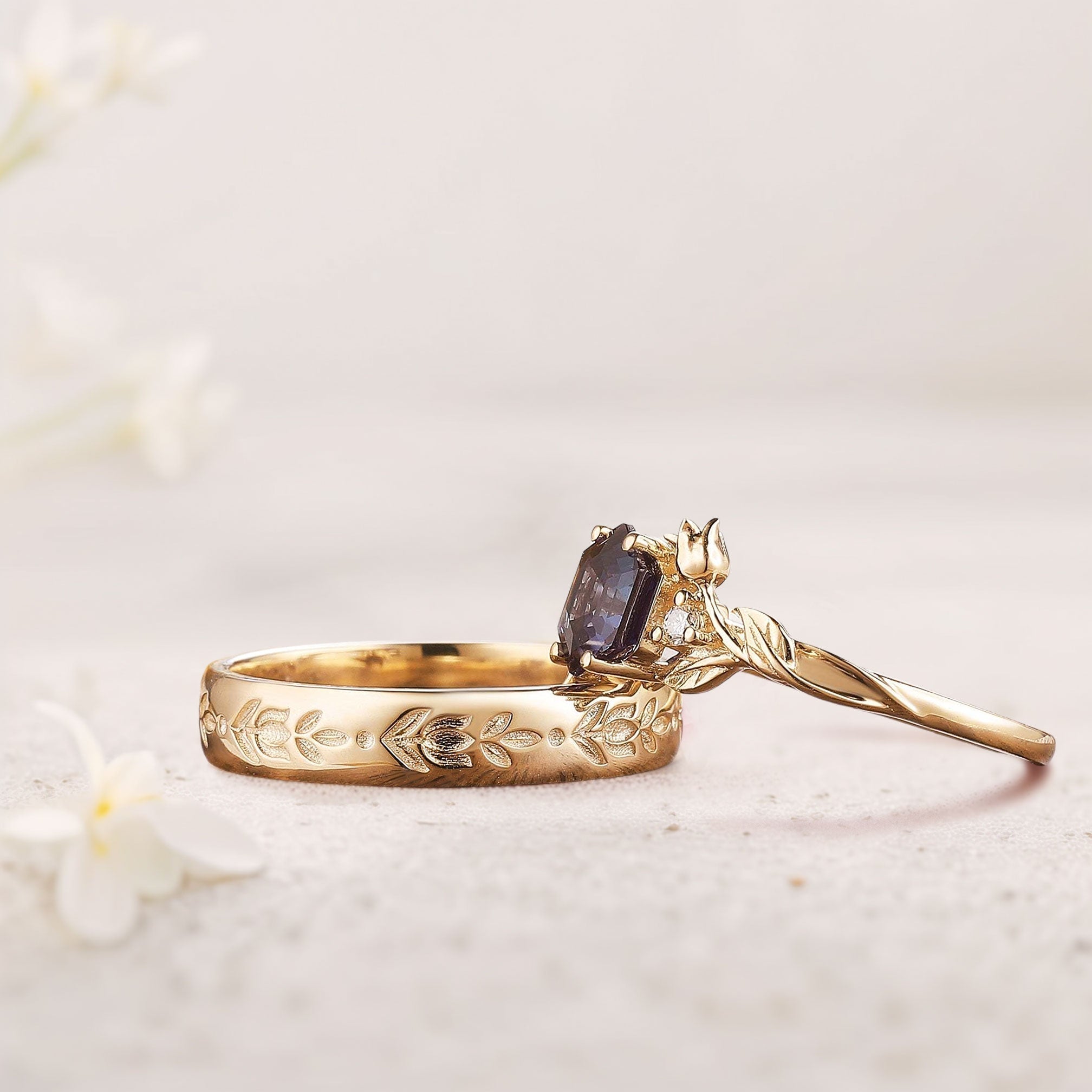Unique Hexagon Lab Alexandrite Couple Promise Engagement Ring Set - Oore Jewelry