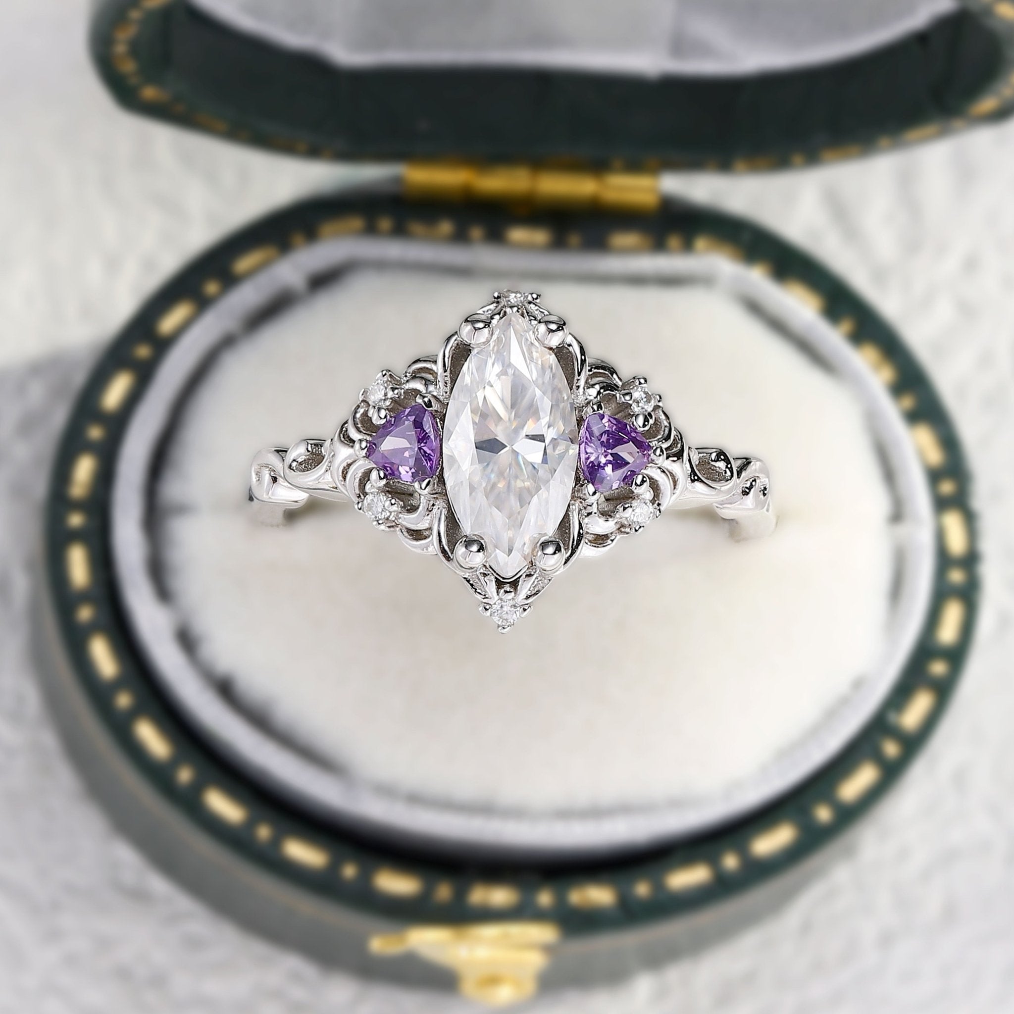 Unique Aurora Three Stone Marquise Moissanite and Tanzanite Ring - Oore Jewelry