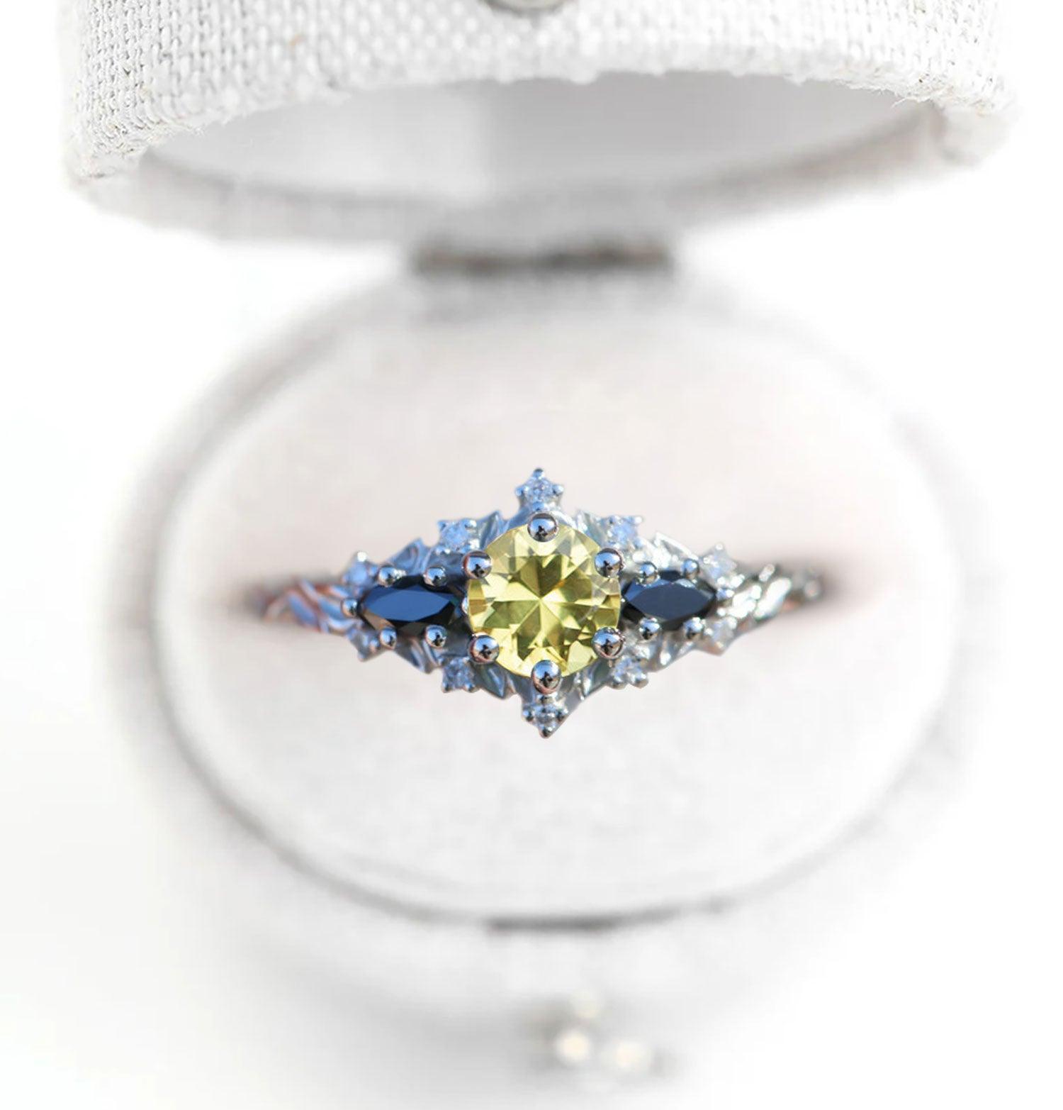 Unique Briar Rose Round Citrine and Black Moissanite Ring - Oore Jewelry