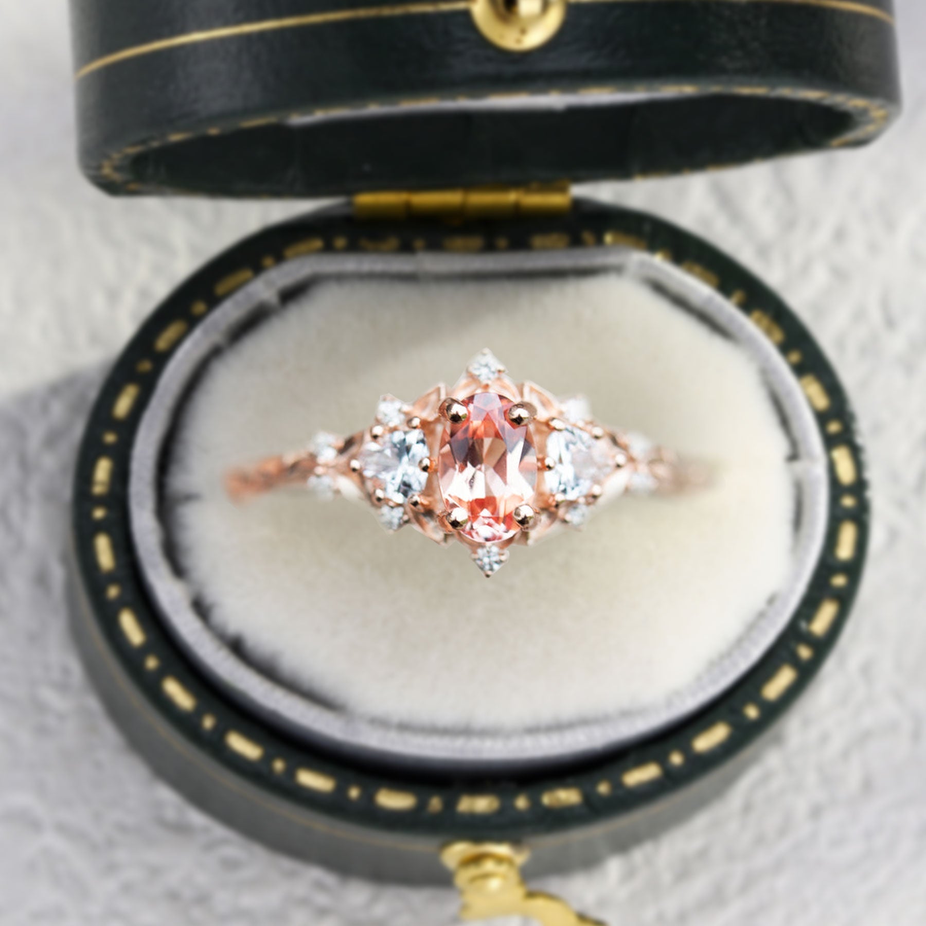 Unique Briar Rose Three Stone Oval Pink Lab Padparadscha Ring - Oore Jewelry