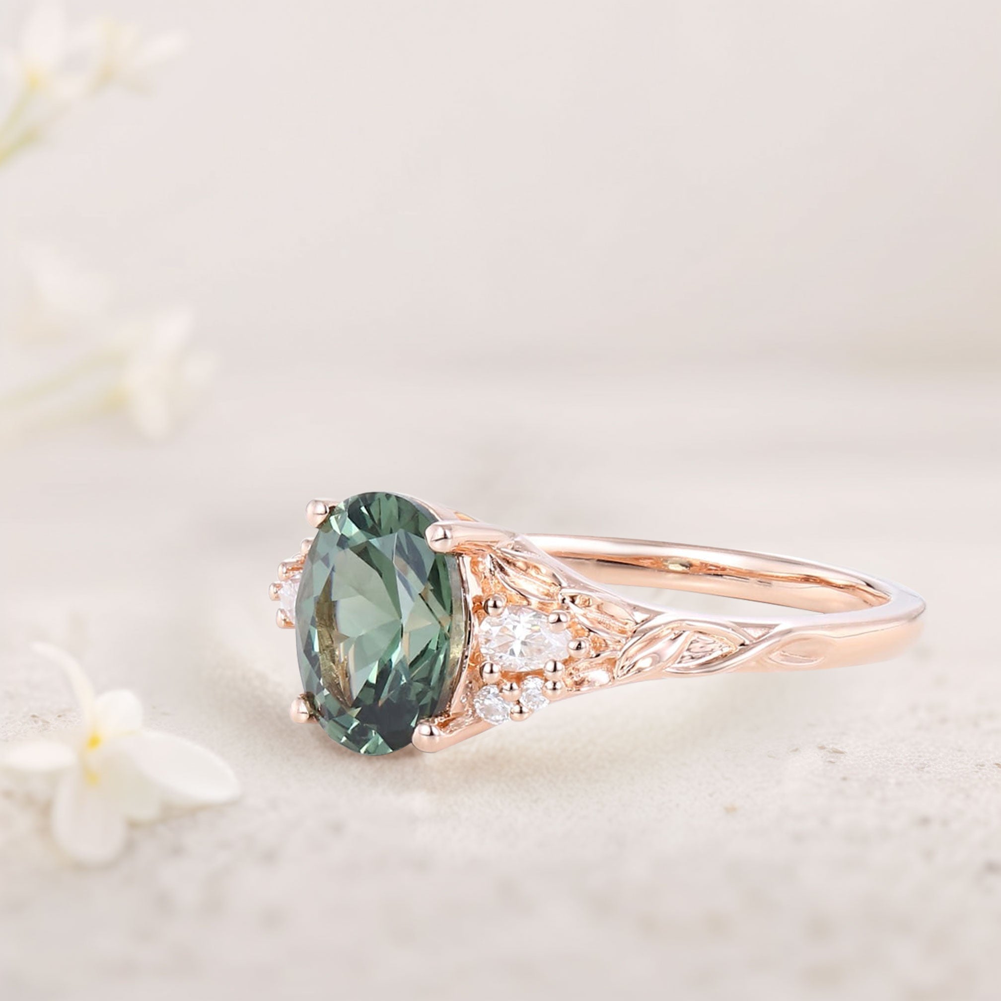 Unique Oval Green Lab Sapphire and Moissanite Wedding Ring - Oore Jewelry