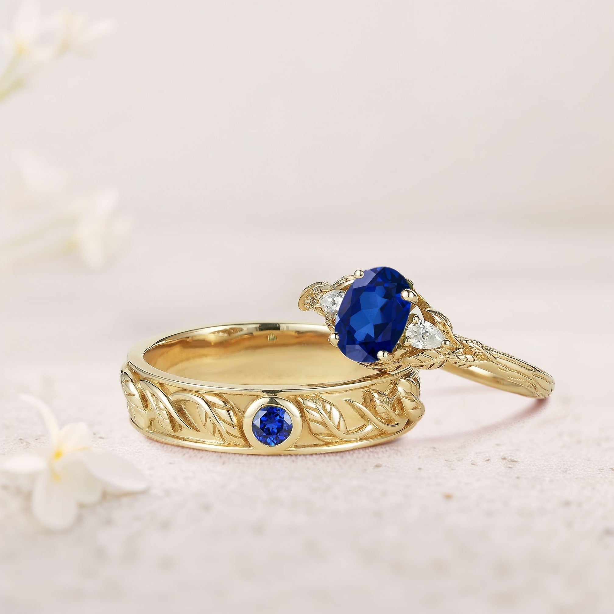 Unique Leaf Design Oval Lab Sapphire and Moissanite Wedding Ring Promise Ring for Couples - Oore Jewelry