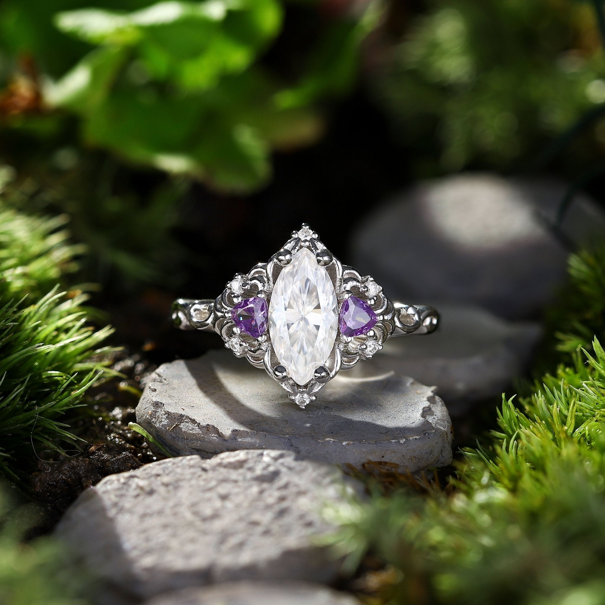Unique Aurora Three Stone Marquise Moissanite and Tanzanite Ring - Oore Jewelry