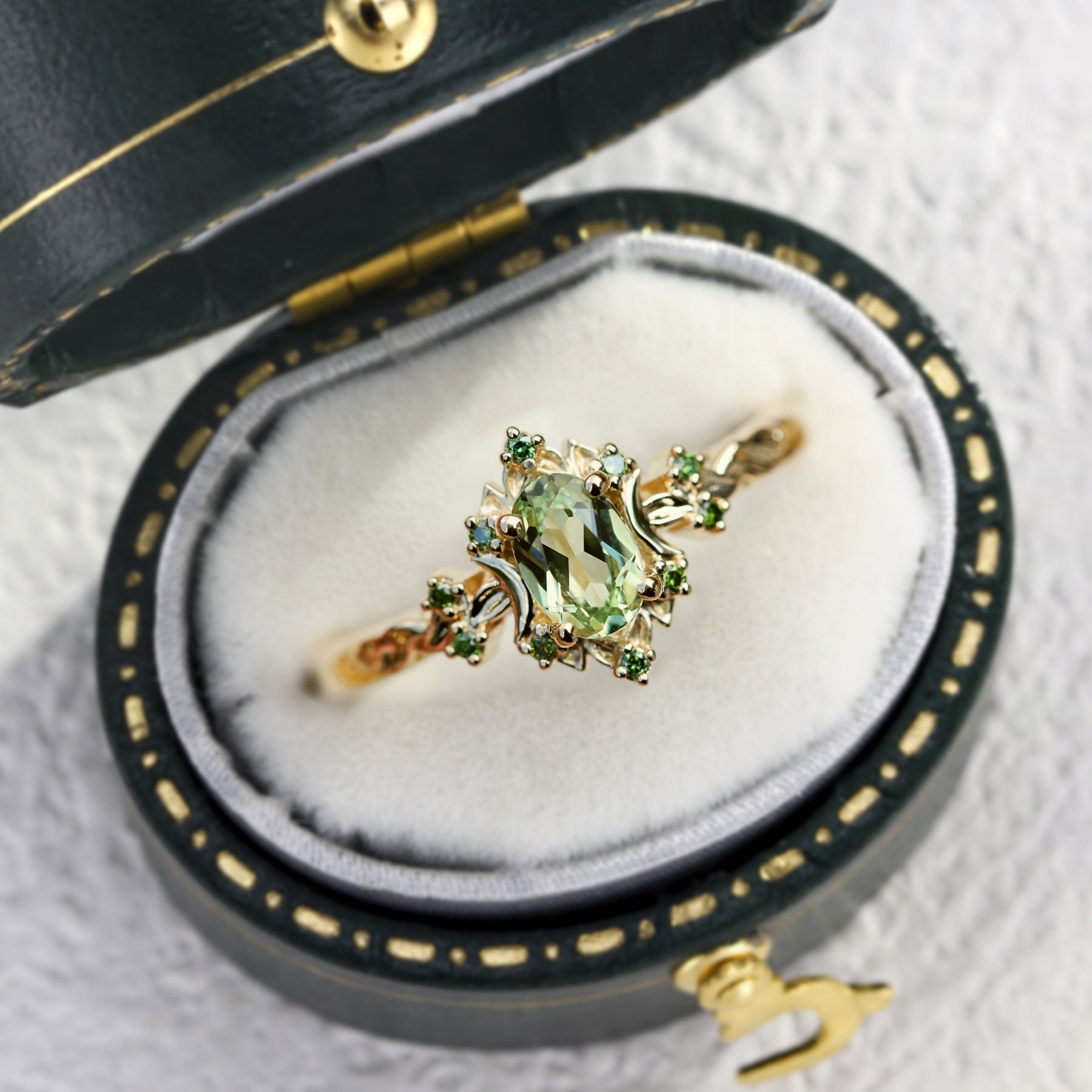 Unique Briar Rose Halo Moon Oval Green Lab Sapphire Ring - Oore Jewelry