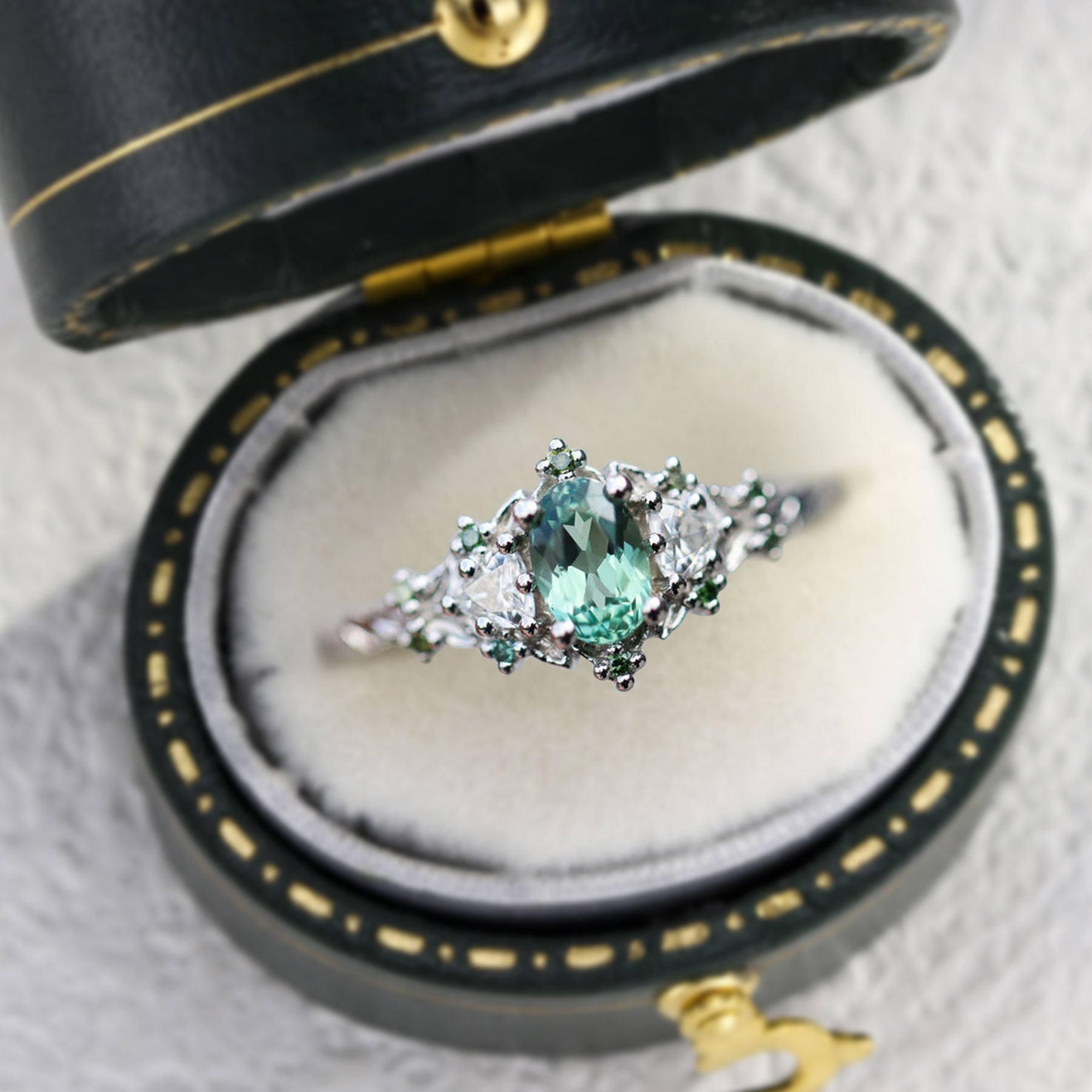 Unique Briar Rose Three Stone Oval Light Green Lab Sapphire Ring - Oore Jewelry