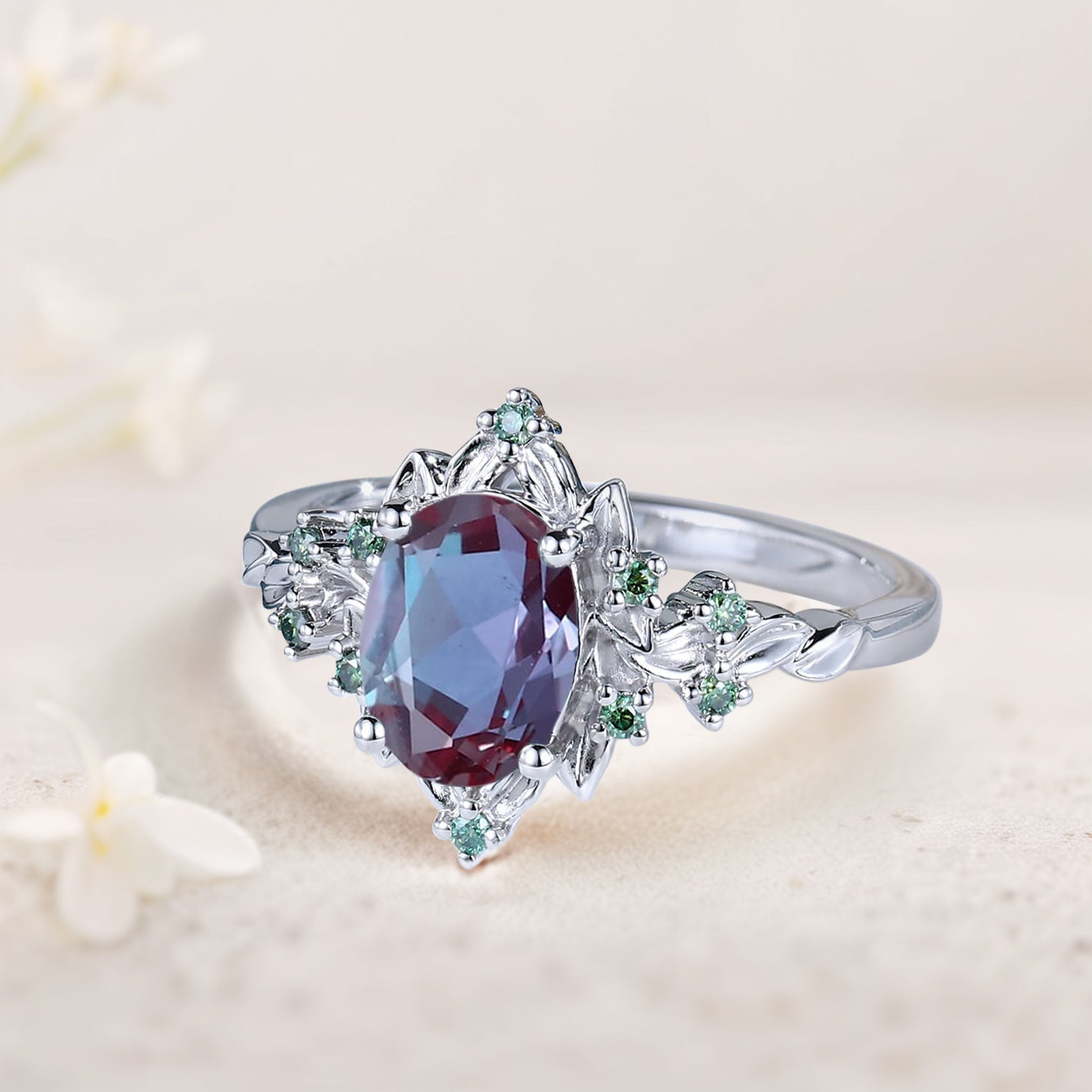 Vintage Briar Rose Oval Lab Alexandrite Engagement Ring Olive Leaves Ring - Oore Jewelry