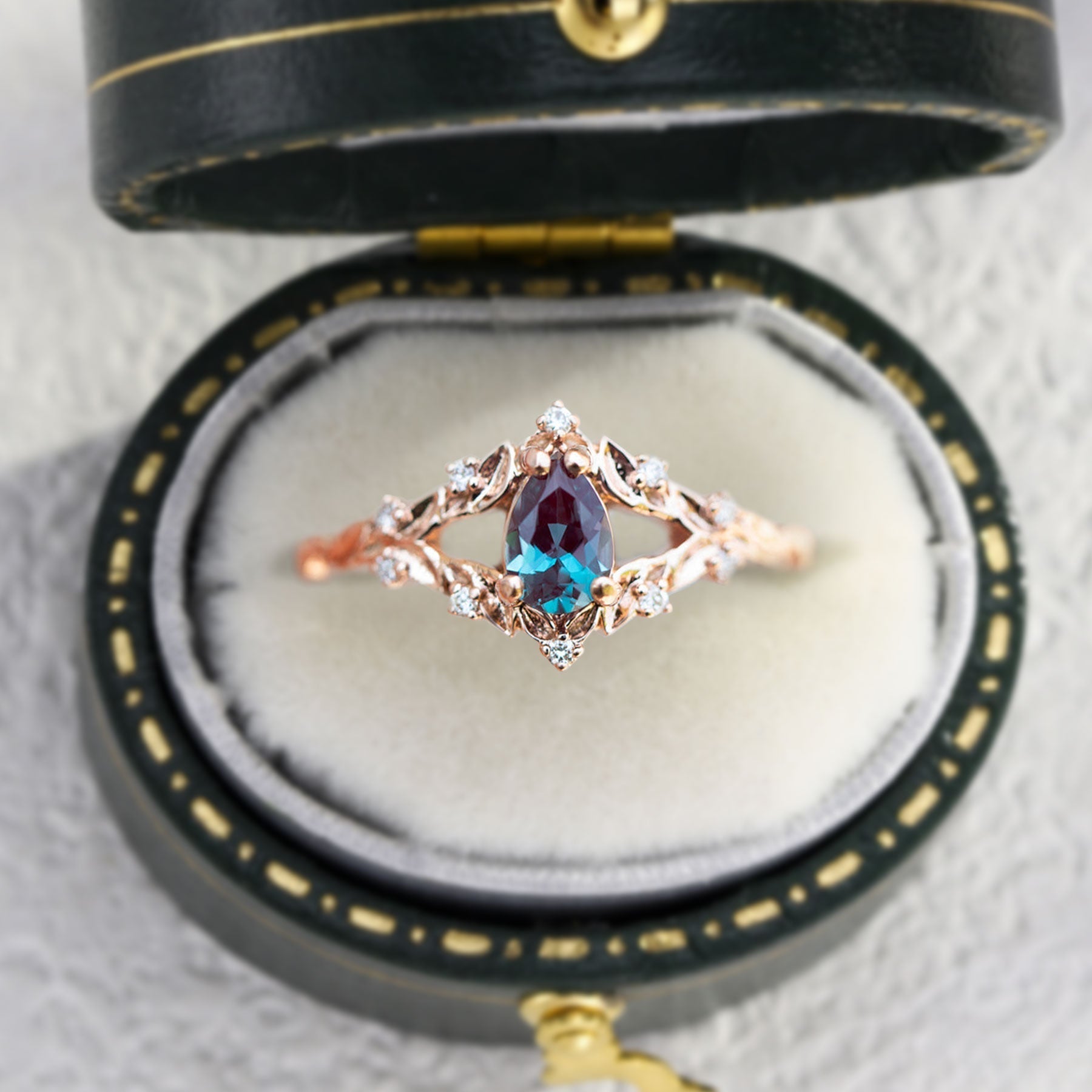 Unique Briar Rose Pear Lab Alexandrite Ring - Oore Jewelry
