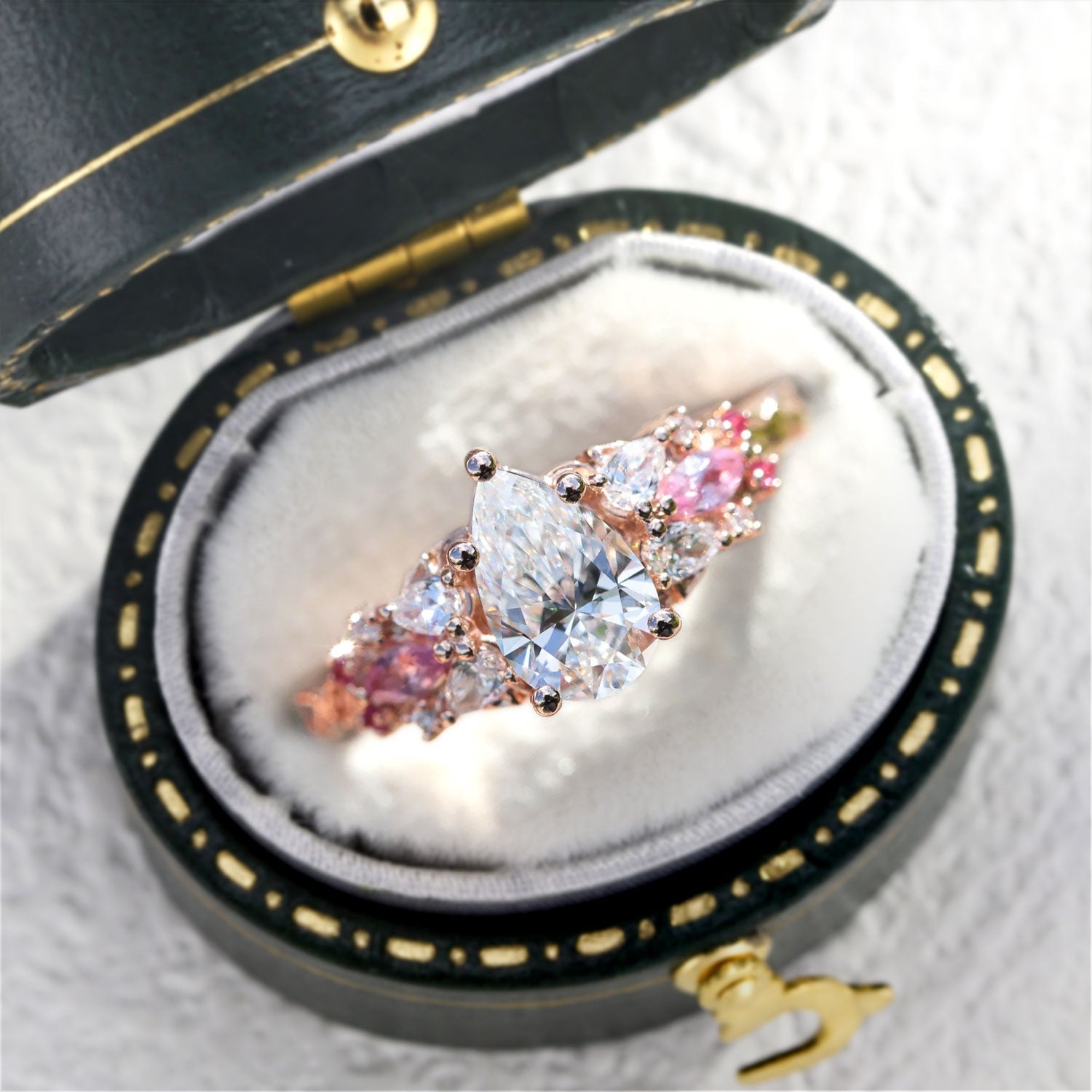 Nature Inspired Pear Moissanite and Pink Sapphire Engagement Ring - Oore Jewelry