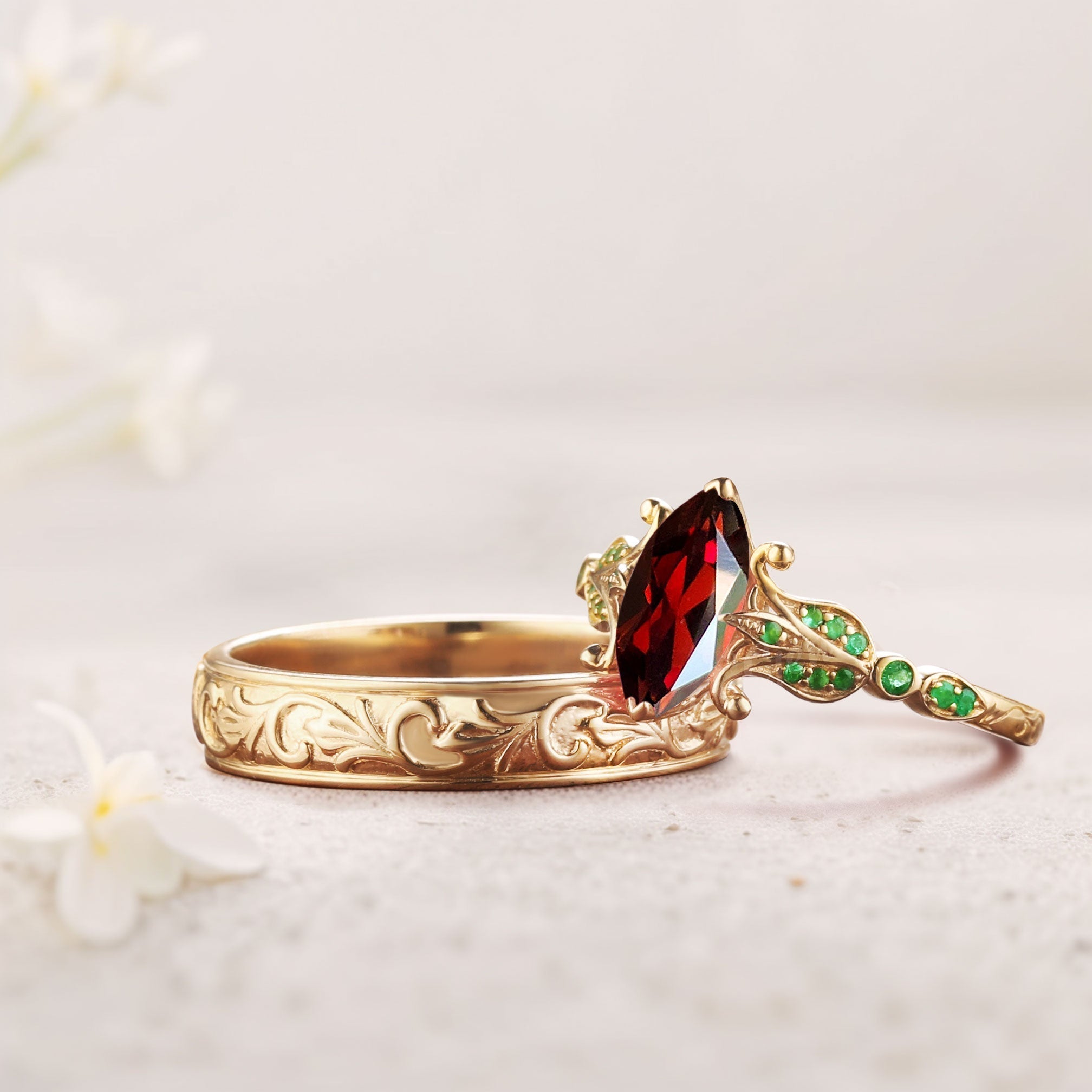 Unique Marquise Garnet Eternity Wedding Band Set Couple Rings Set - Oore Jewelry