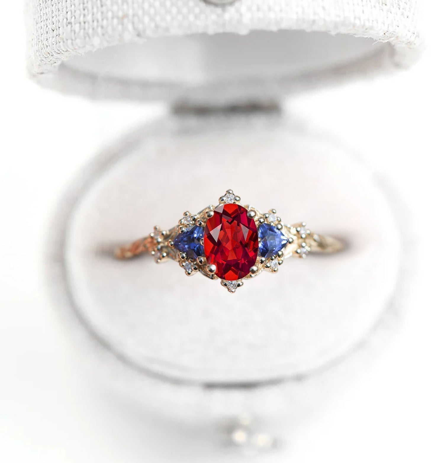 Unique Briar Rose Oval Garnet and Lab Sapphire Ring - Oore Jewelry