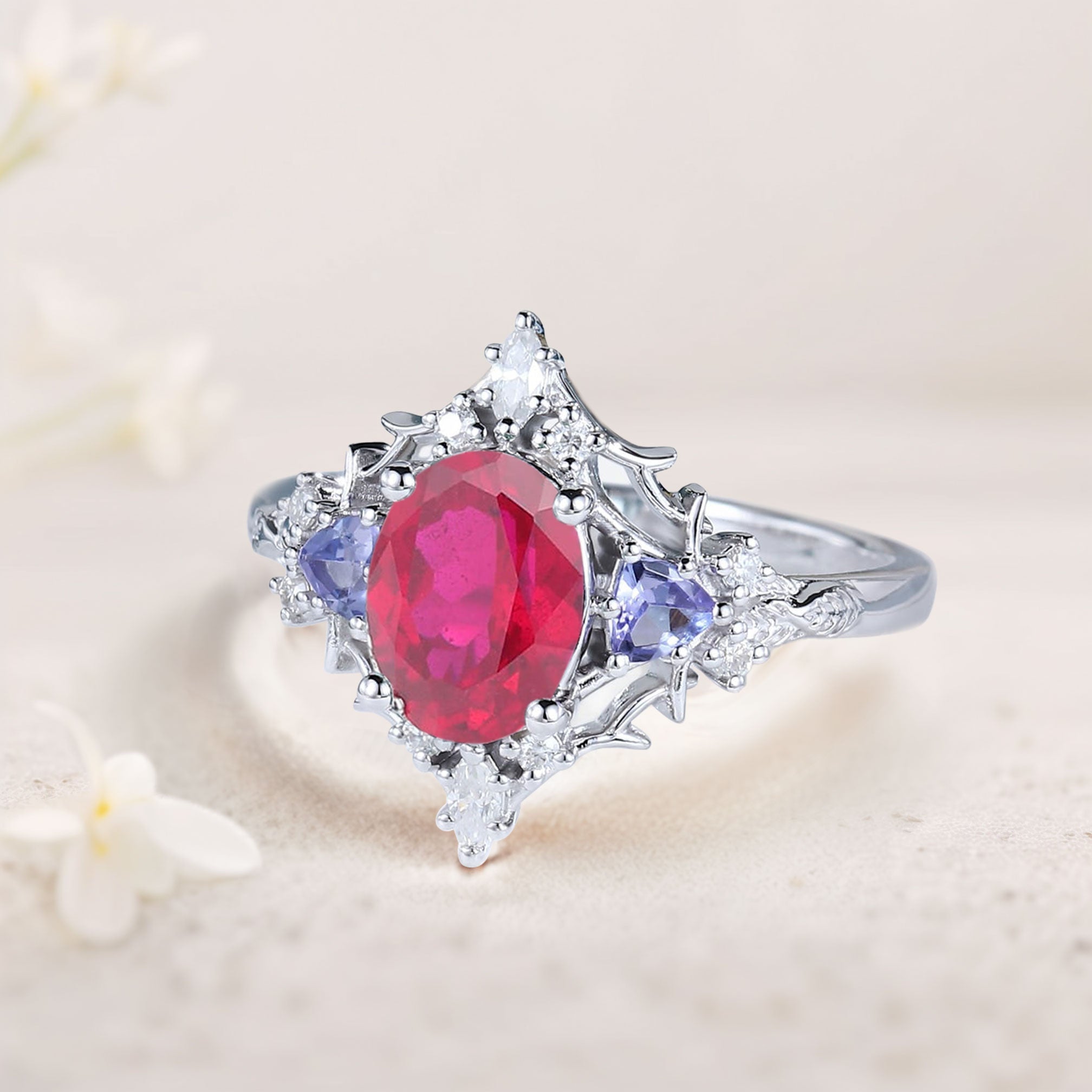 Vintage Briar Rose Oval Lab Ruby Engagement Ring Filigree Ring - Oore Jewelry